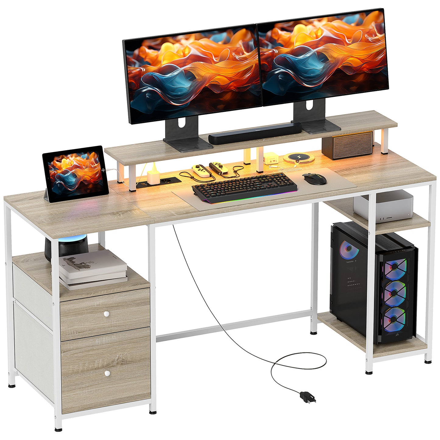 HOMCOM Mesa de Escritorio Mesa de Ordenador con Luces LED Estantes Cajones Tomas de Corriente Puertos USB y Soporte para Monitor para Oficina Estudio 155,5x48x75,5 cm Natural