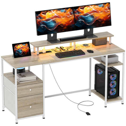 HOMCOM Mesa de Escritorio Mesa de Ordenador con Luces LED Estantes Cajones Tomas de Corriente Puertos USB y Soporte para Monitor para Oficina Estudio 155,5x48x75,5 cm Natural