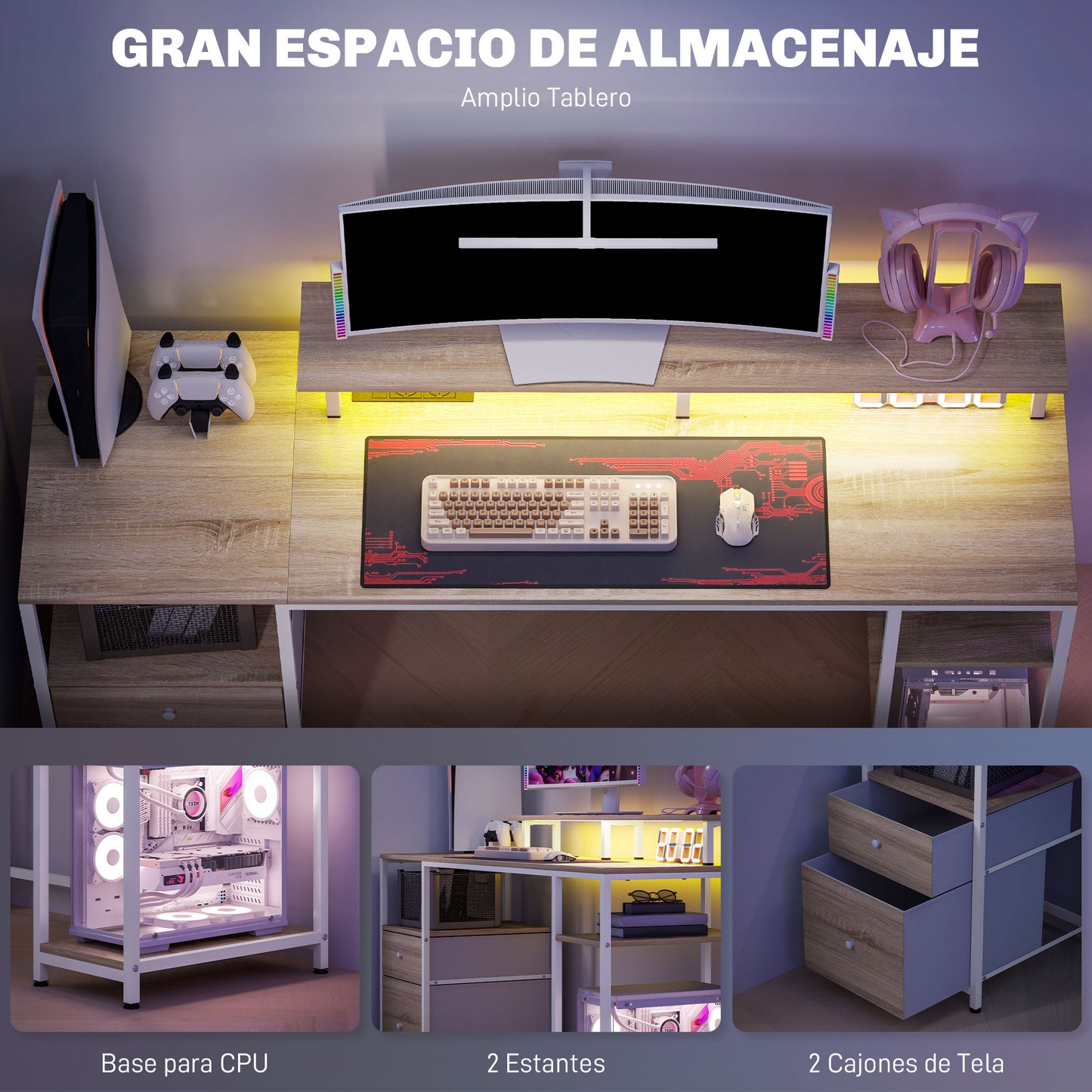 HOMCOM Mesa de Escritorio Mesa de Ordenador con Luces LED Estantes Cajones Tomas de Corriente Puertos USB y Soporte para Monitor para Oficina Estudio 155,5x48x75,5 cm Natural