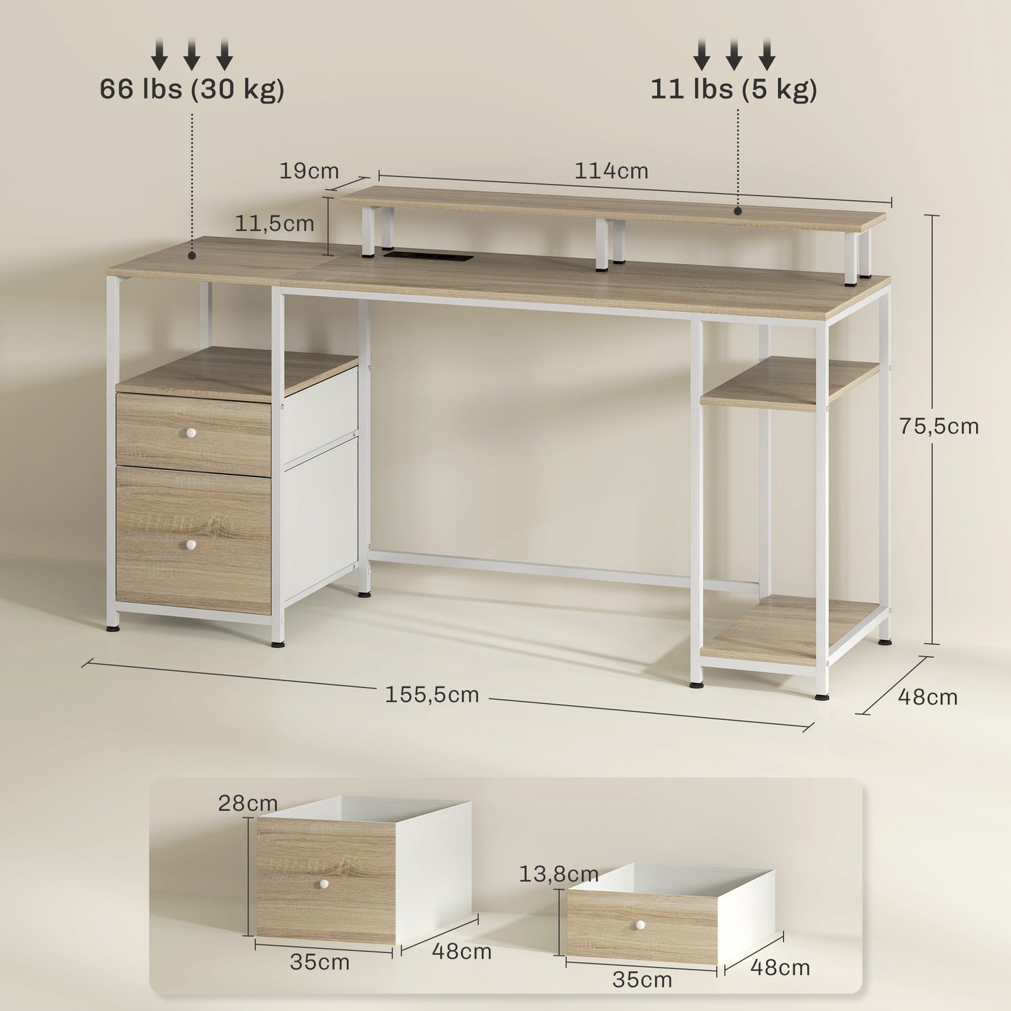 HOMCOM Mesa de Escritorio Mesa de Ordenador con Luces LED Estantes Cajones Tomas de Corriente Puertos USB y Soporte para Monitor para Oficina Estudio 155,5x48x75,5 cm Natural