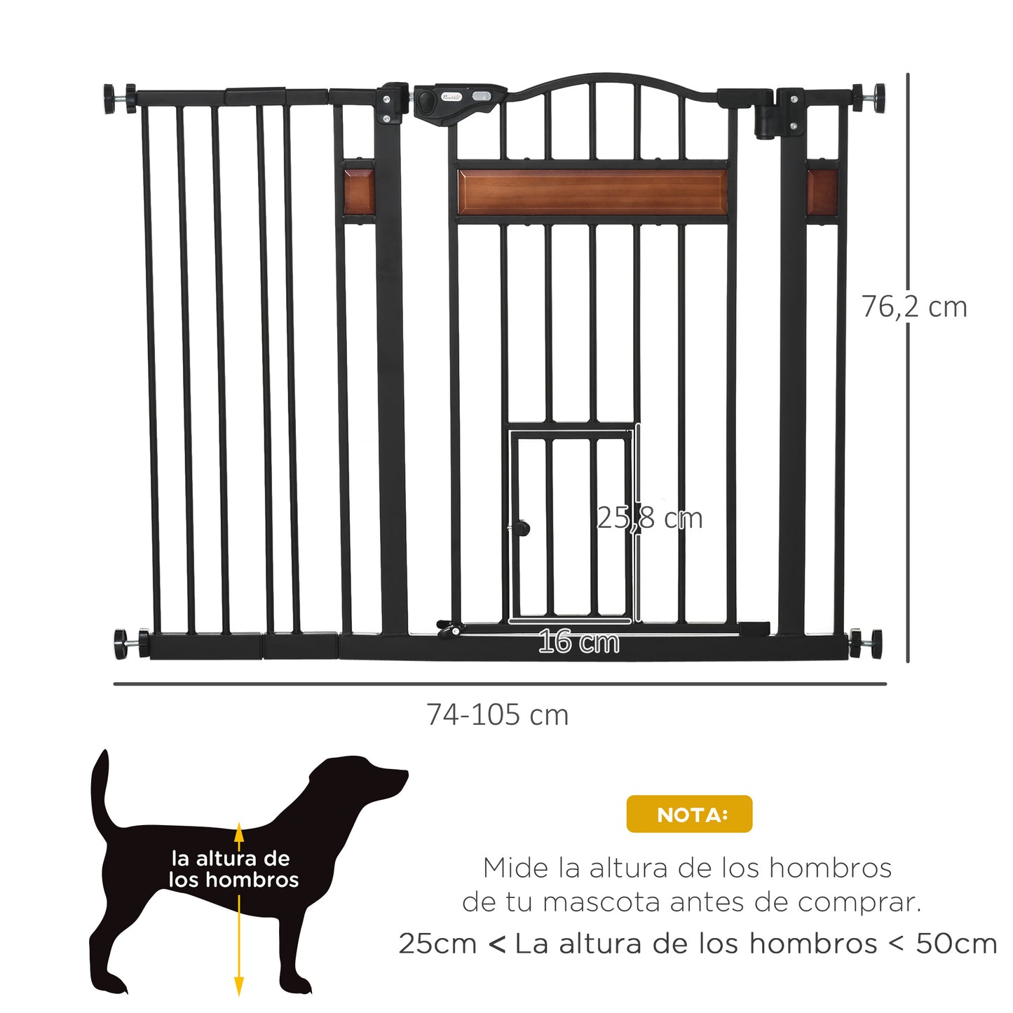 PawHut Barrera de Seguridad Extensible para Puertas y Escaleras Barrera para Perros con Altura Ajustable Cierre Automático y Sistema de Doble Bloqueo 93x76,2 cm Negro