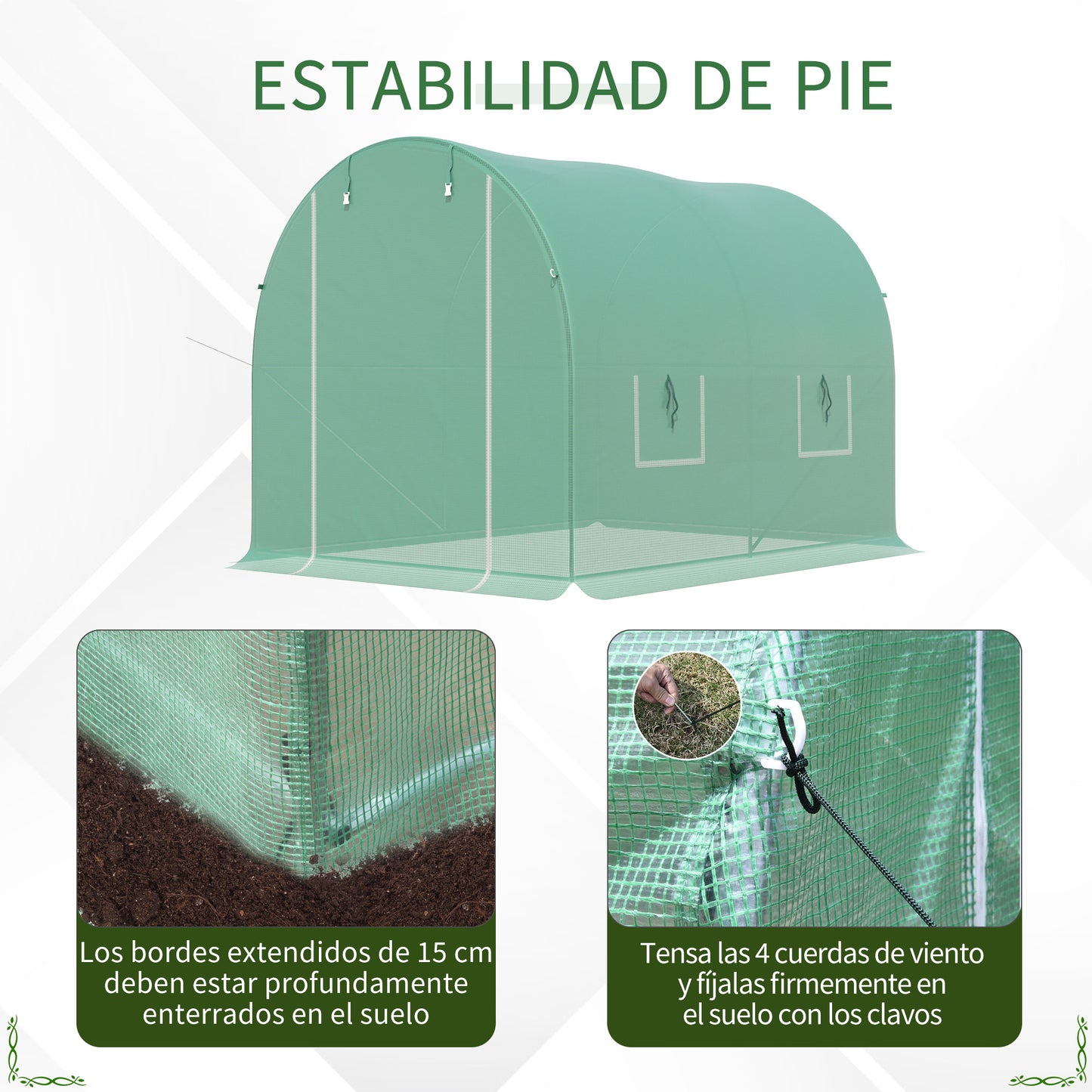 Outsunny Invernadero de Túnel 3x2x2 m Invernadero Grande con 4 Ventanas para Cultivos Plantas Verduras Flores en Huerto Cubierta PE 140 g/㎡ Verde