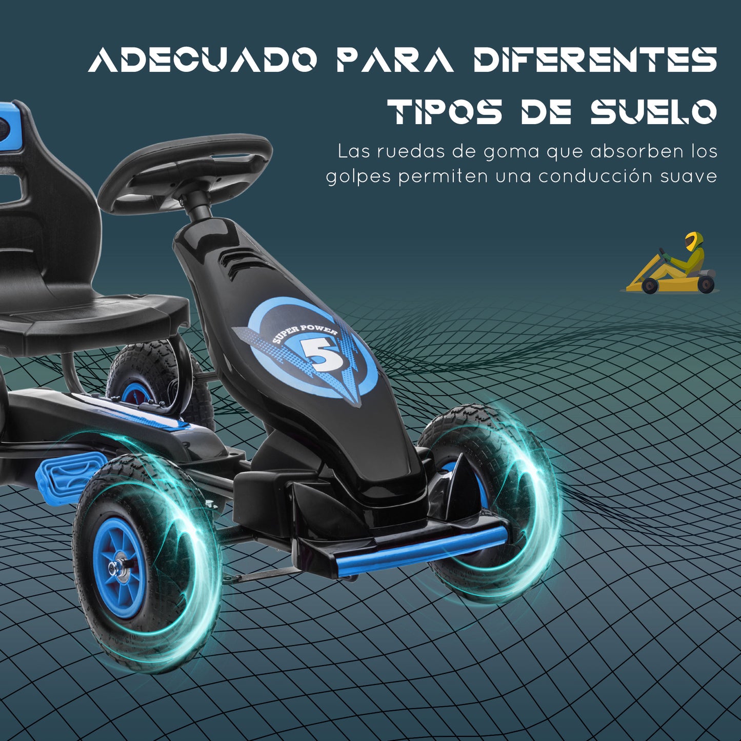 HOMCOM Go Kart a Pedales para Niños de 5-12 Años Coche de Pedales Infantil con Asiento Ajustable Neumáticos Inflables Amortiguador y Freno de Mano Carga 50 kg 121x58x61 cm Azul