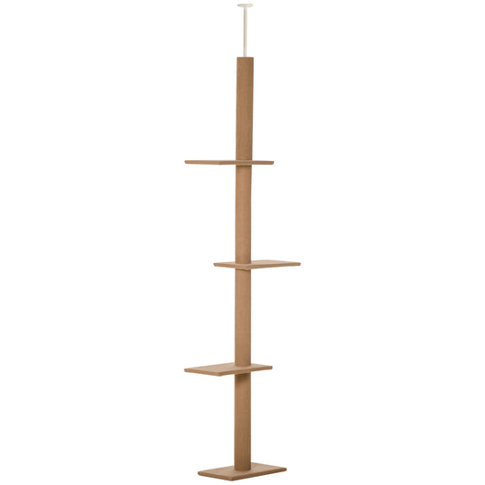 PawHut Árbol para Gatos del Suelo al Techo 43x27x228-260 cm Torre para Gatos con Altura Ajustable 4 Plataformas Espaciosas y Poste de Sisal Marrón