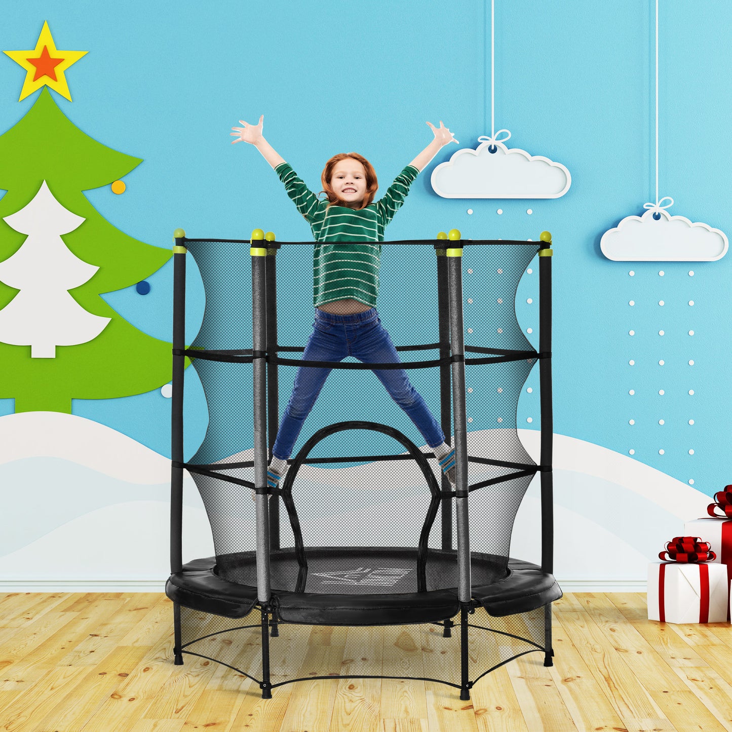 HOMCOM Trampolín para Niños de +3 Años Ø140x160 cm Cama Elástica de Salto Infantil con Red de Seguridad y Marco Acero para Interiores y Exteriores Carga 45 kg Negro