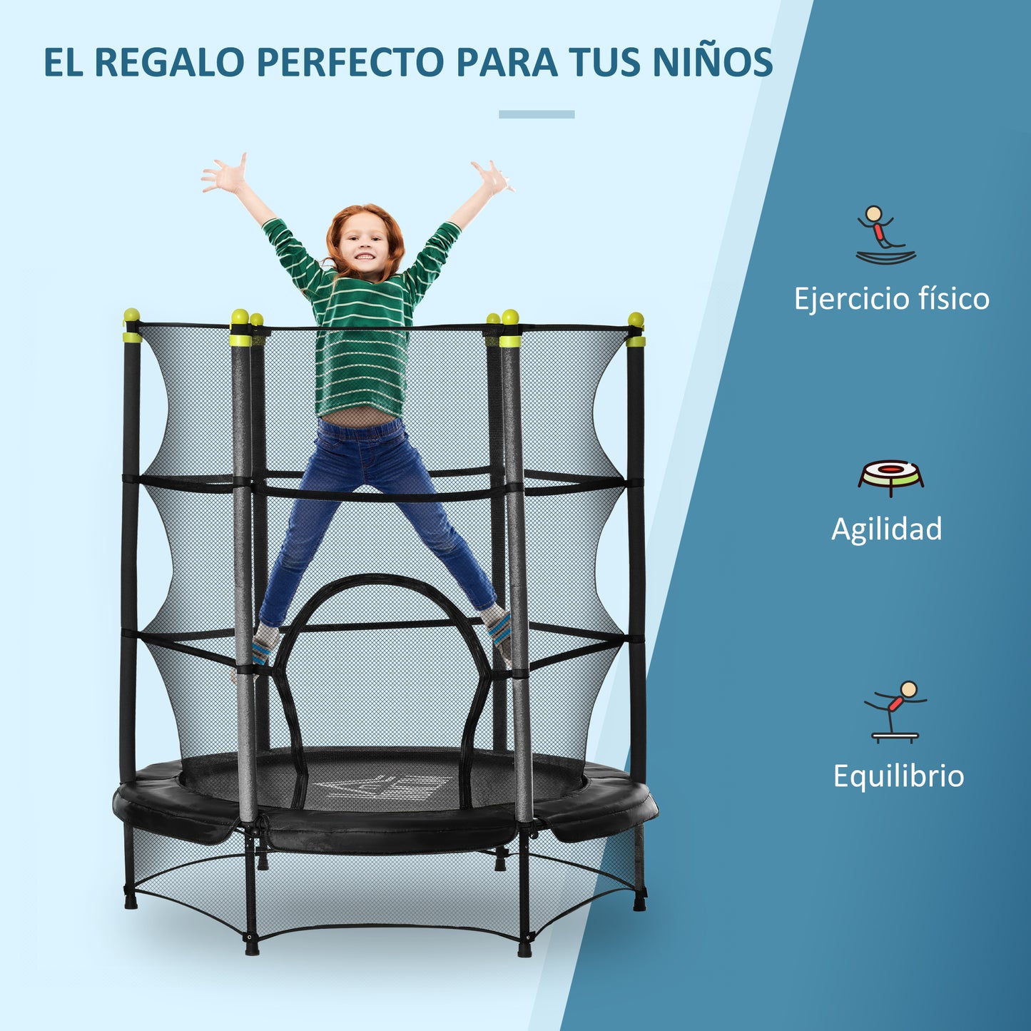 HOMCOM Trampolín para Niños de +3 Años Ø140x160 cm Cama Elástica de Salto Infantil con Red de Seguridad y Marco Acero para Interiores y Exteriores Carga 45 kg Negro