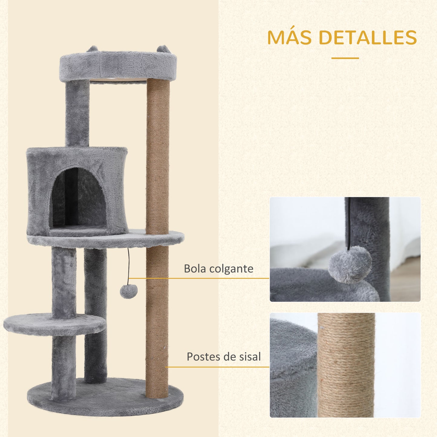 PawHut Árbol Rascador para Gatos de 104 cm Rascador para Gatos con Plataformas Refugio Postes de Sisal y Bola Colgante 48x48x104 cm Gris