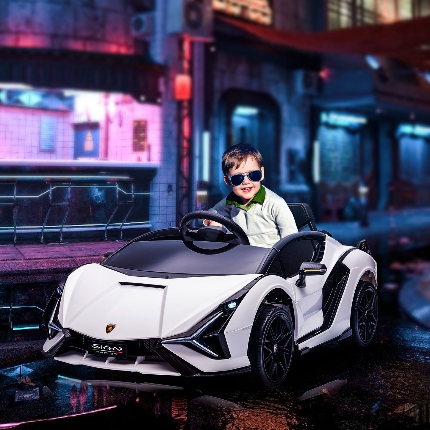 HOMCOM Coche Eléctrico Lamborghini SIAN 12V para Niños de +3 Años con Mando a Distancia Apertura de Puerta Música MP3 USB y Faros 3-5 km/h 108x62x40 cm Blanco