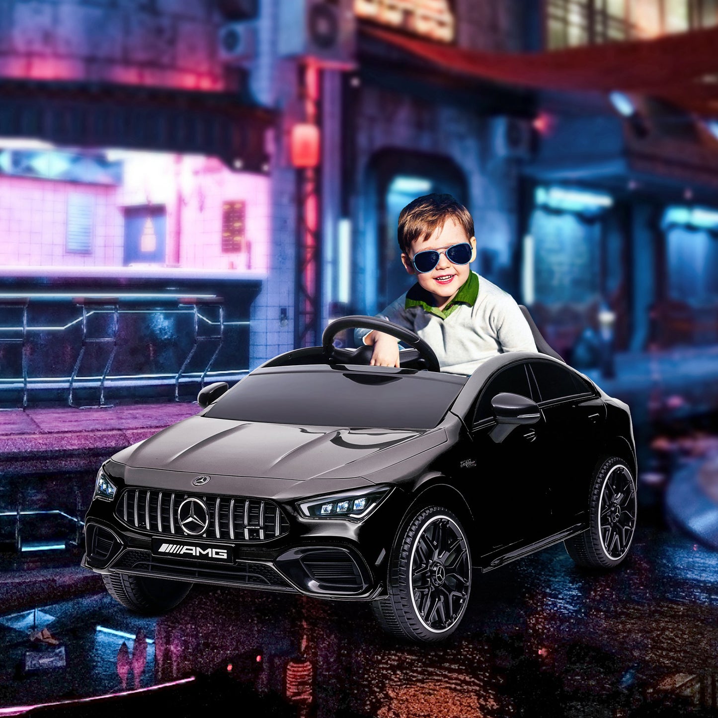 AIYAPLAY Coche Eléctrico para Niños de +3 Años Mercedes-AMG CLA 45 Carro Eléctrico Infantil con Batería 12V Mando a Distancia Faros LED Bocina Música y Ruedas Auxiliares Negro