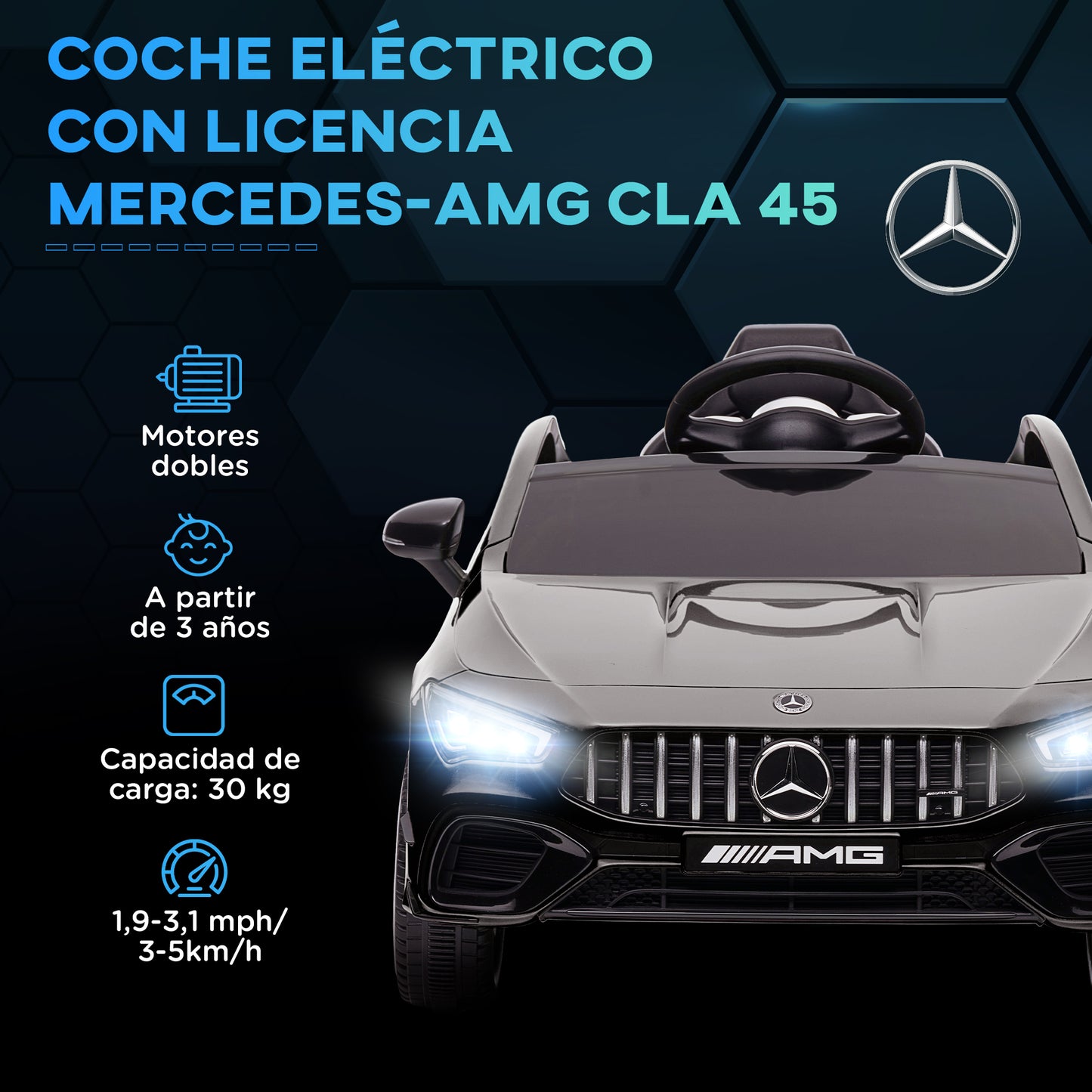 AIYAPLAY Coche Eléctrico para Niños de +3 Años Mercedes-AMG CLA 45 Carro Eléctrico Infantil con Batería 12V Mando a Distancia Faros LED Bocina Música y Ruedas Auxiliares Negro