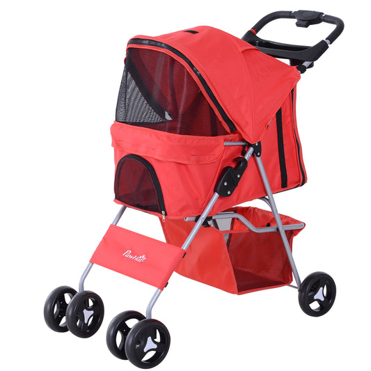 PawHut Carrito para Perros Plegable Cochecito para Mascotas Carrito para Perros Pequeños con Toldo Ajustable Cesta de Almacenaje 2 Ruedas Universales y Marco de Acero 75x46x94 cm Rojo