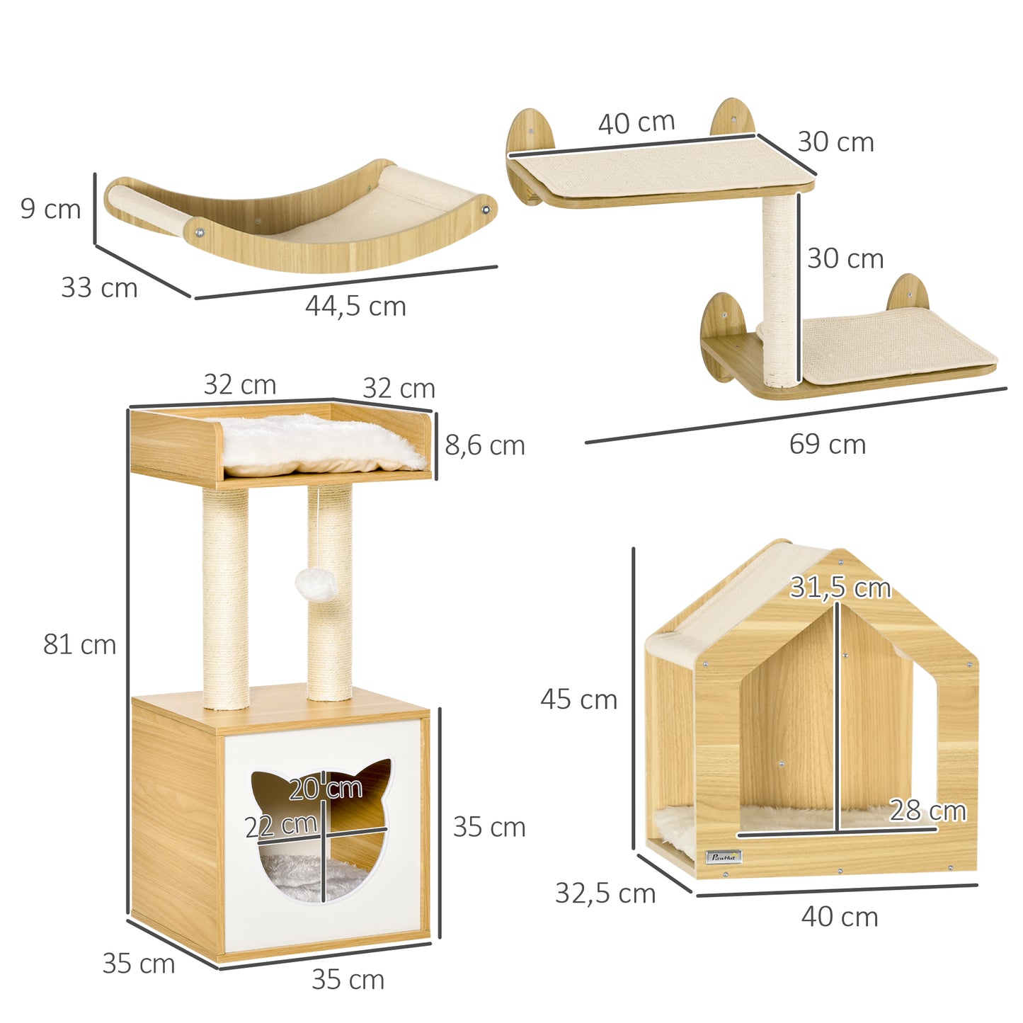 PawHut Conjunto para Gatos Juego de Casa para Gatos de 2 Niveles con Cama Superior Cojines Lavables y Estantes para Gatos 3 Piezas de Pared con Hamaca 35x35x81 cm Roble