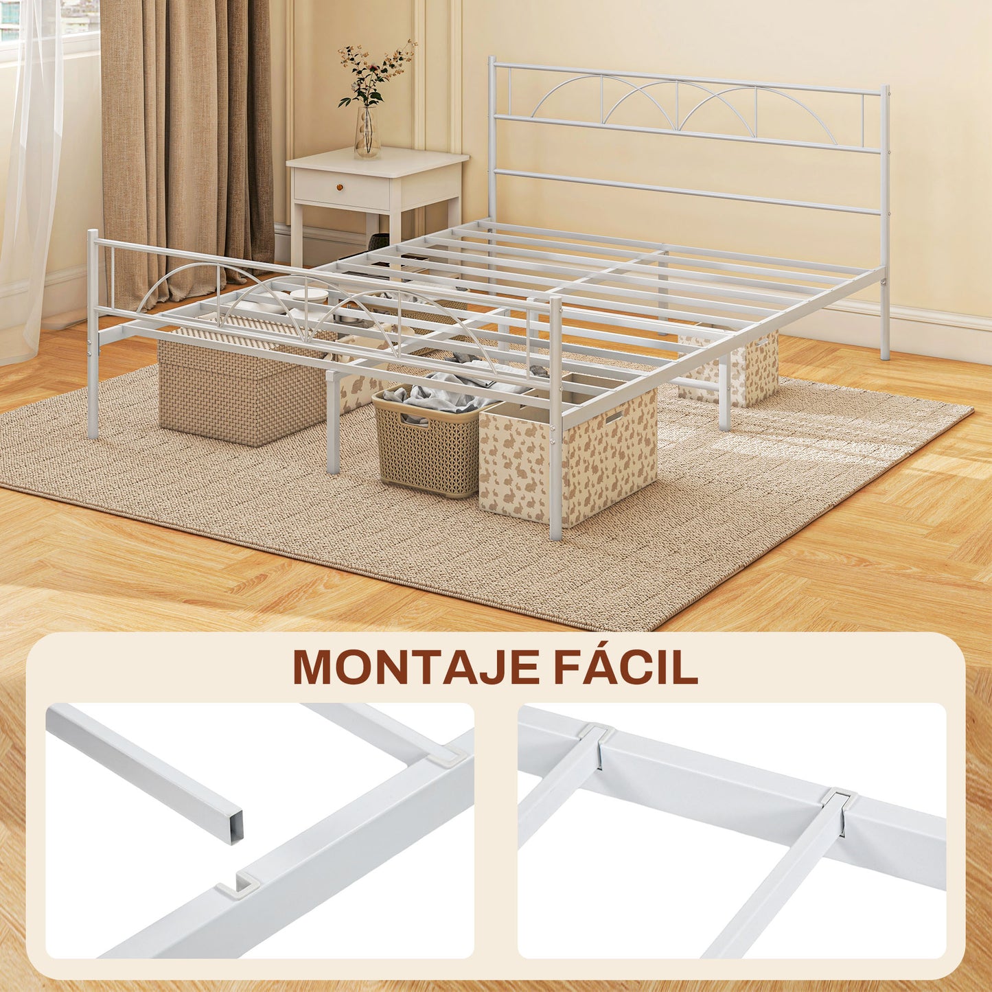 HOMCOM Cama Doble 135x190 cm Estructura de Cama Somier con Cabecera Listones de Acero y Espacio de Almacenamiento Debajo de la Cama Carga 330 kg Blanco