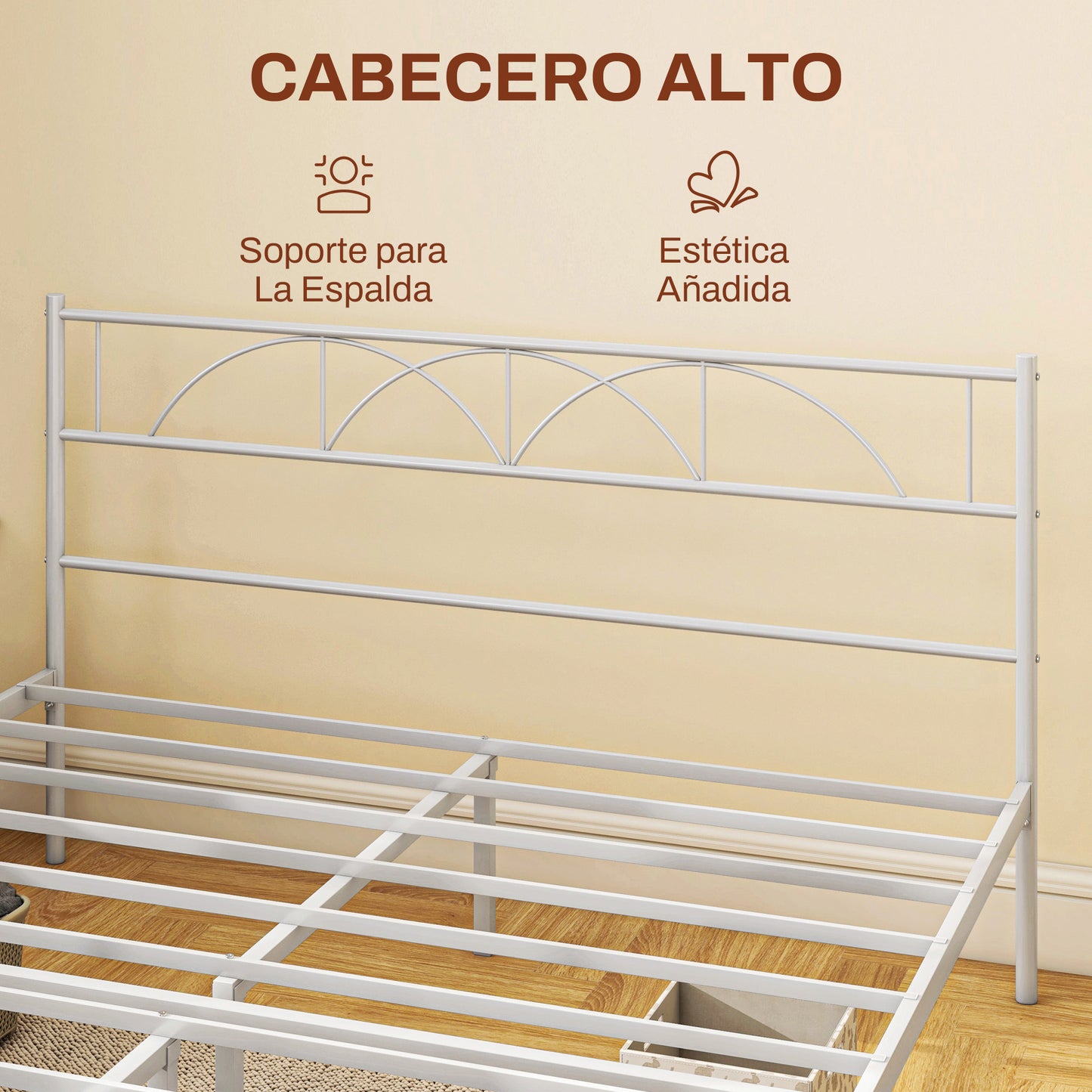 HOMCOM Cama Doble 135x190 cm Estructura de Cama Somier con Cabecera Listones de Acero y Espacio de Almacenamiento Debajo de la Cama Carga 330 kg Blanco