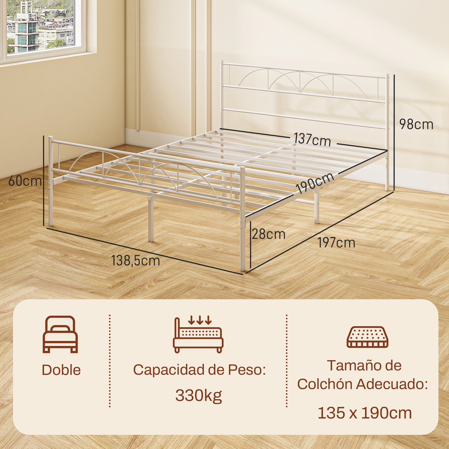 HOMCOM Cama Doble 135x190 cm Estructura de Cama Somier con Cabecera Listones de Acero y Espacio de Almacenamiento Debajo de la Cama Carga 330 kg Blanco