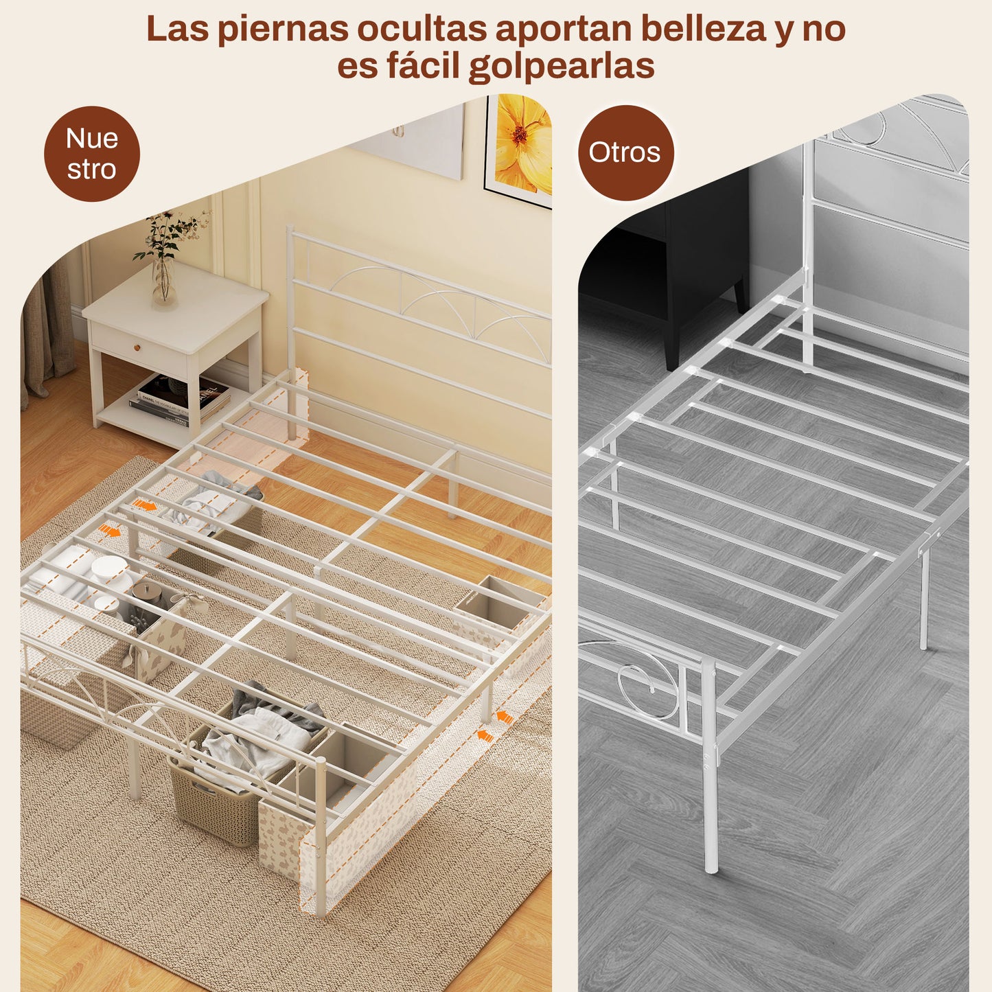 HOMCOM Cama Doble 135x190 cm Estructura de Cama Somier con Cabecera Listones de Acero y Espacio de Almacenamiento Debajo de la Cama Carga 330 kg Blanco