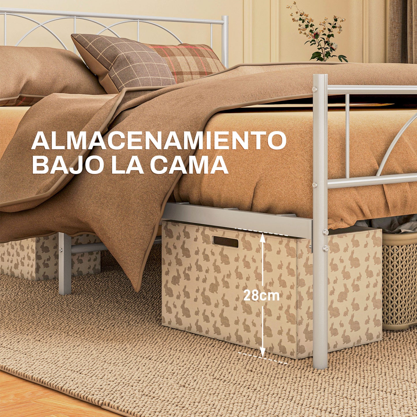 HOMCOM Cama Doble 135x190 cm Estructura de Cama Somier con Cabecera Listones de Acero y Espacio de Almacenamiento Debajo de la Cama Carga 330 kg Blanco