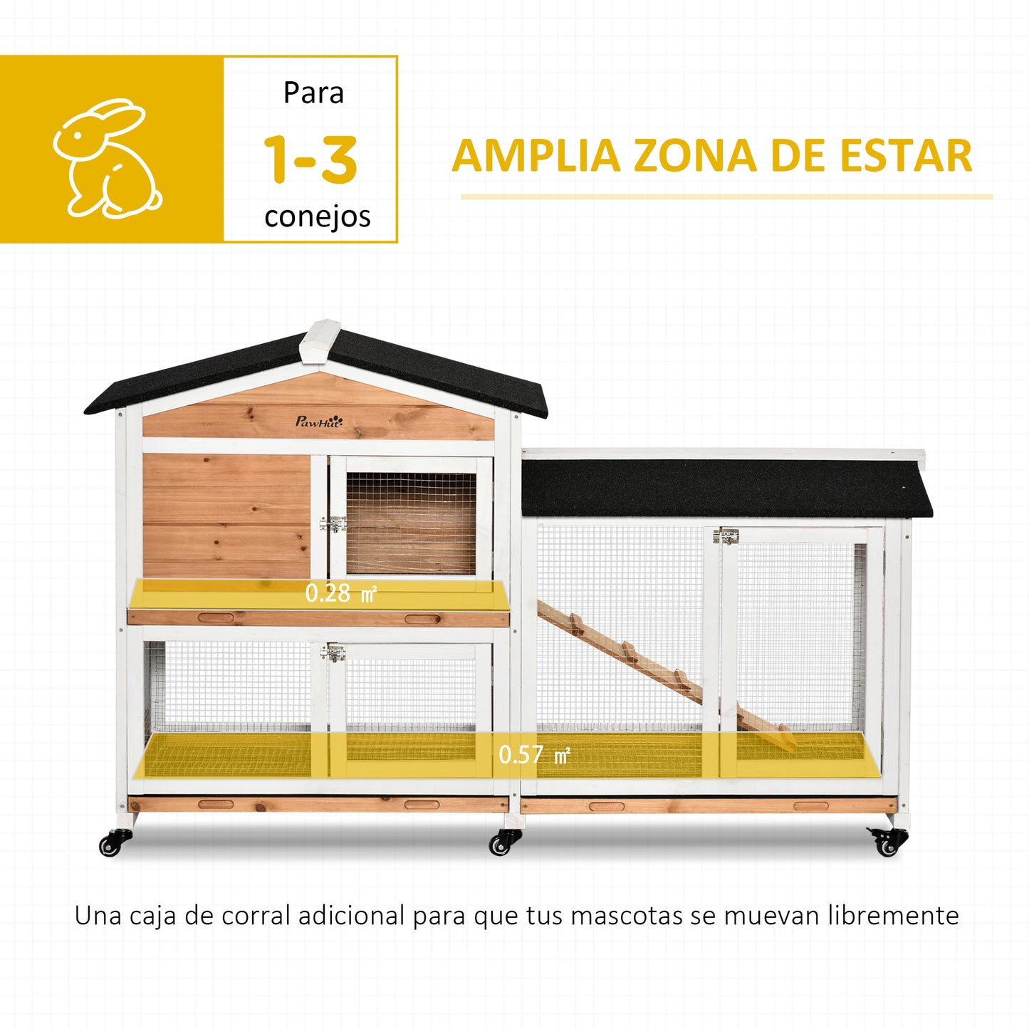 PawHut Conejera de Madera 157,4x53x99,5 cm Jaula para Conejos Grande con Ruedas Techo Asfáltico Bandeja Extraíble y Rampa para Exterior Natural