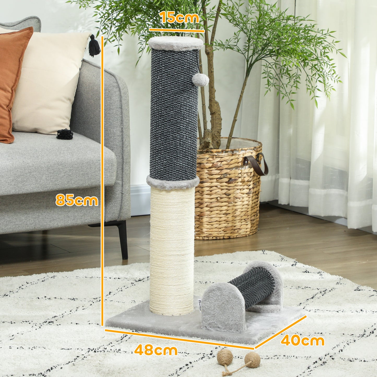 PawHut Poste Rascador para Gatos 85 cm Arañador para Gatos con Poste de Sisal Cepillo de Auto Acicalado y Bola de Juguete Gris y Crema