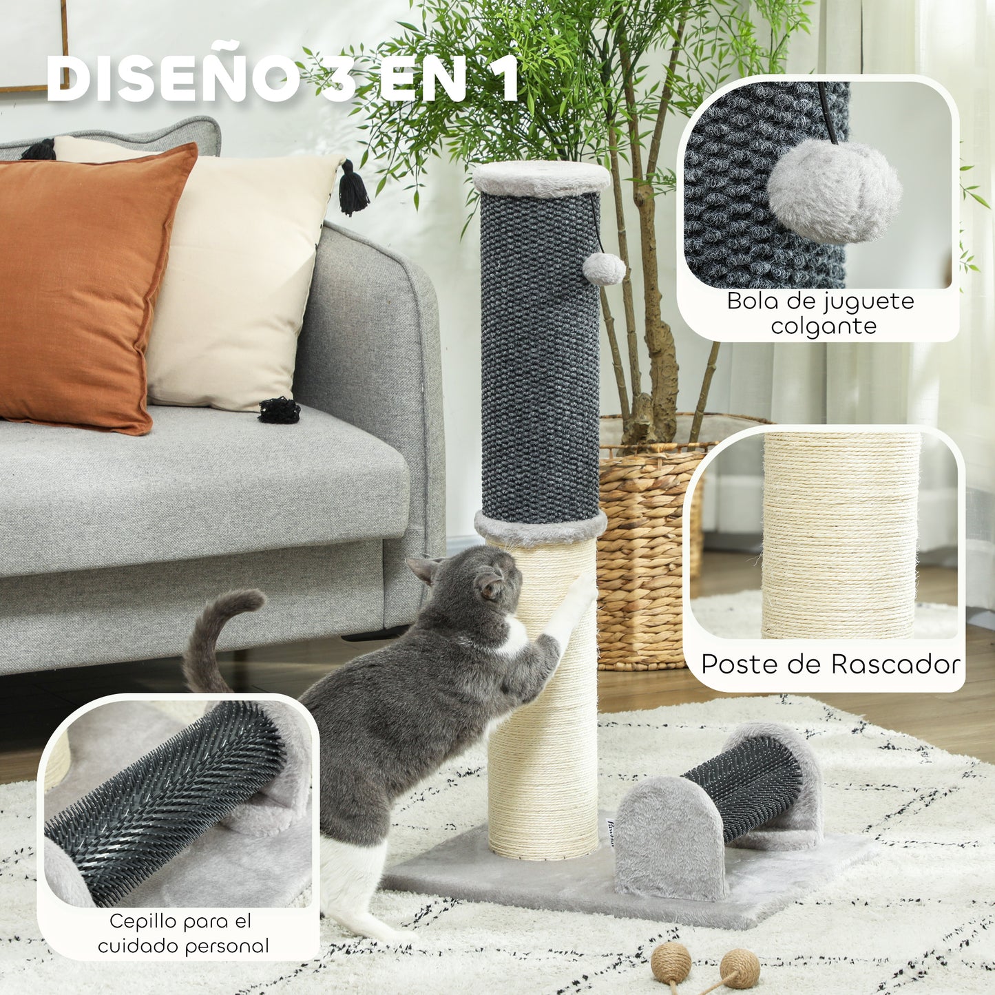 PawHut Poste Rascador para Gatos 85 cm Arañador para Gatos con Poste de Sisal Cepillo de Auto Acicalado y Bola de Juguete Gris y Crema