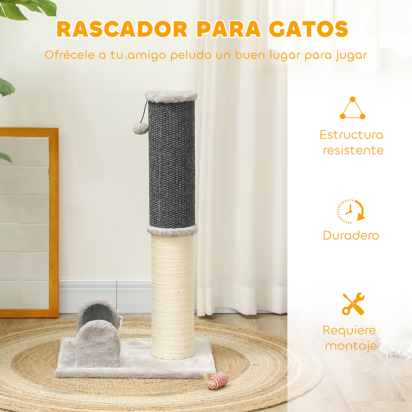 PawHut Poste Rascador para Gatos 85 cm Arañador para Gatos con Poste de Sisal Cepillo de Auto Acicalado y Bola de Juguete Gris y Crema