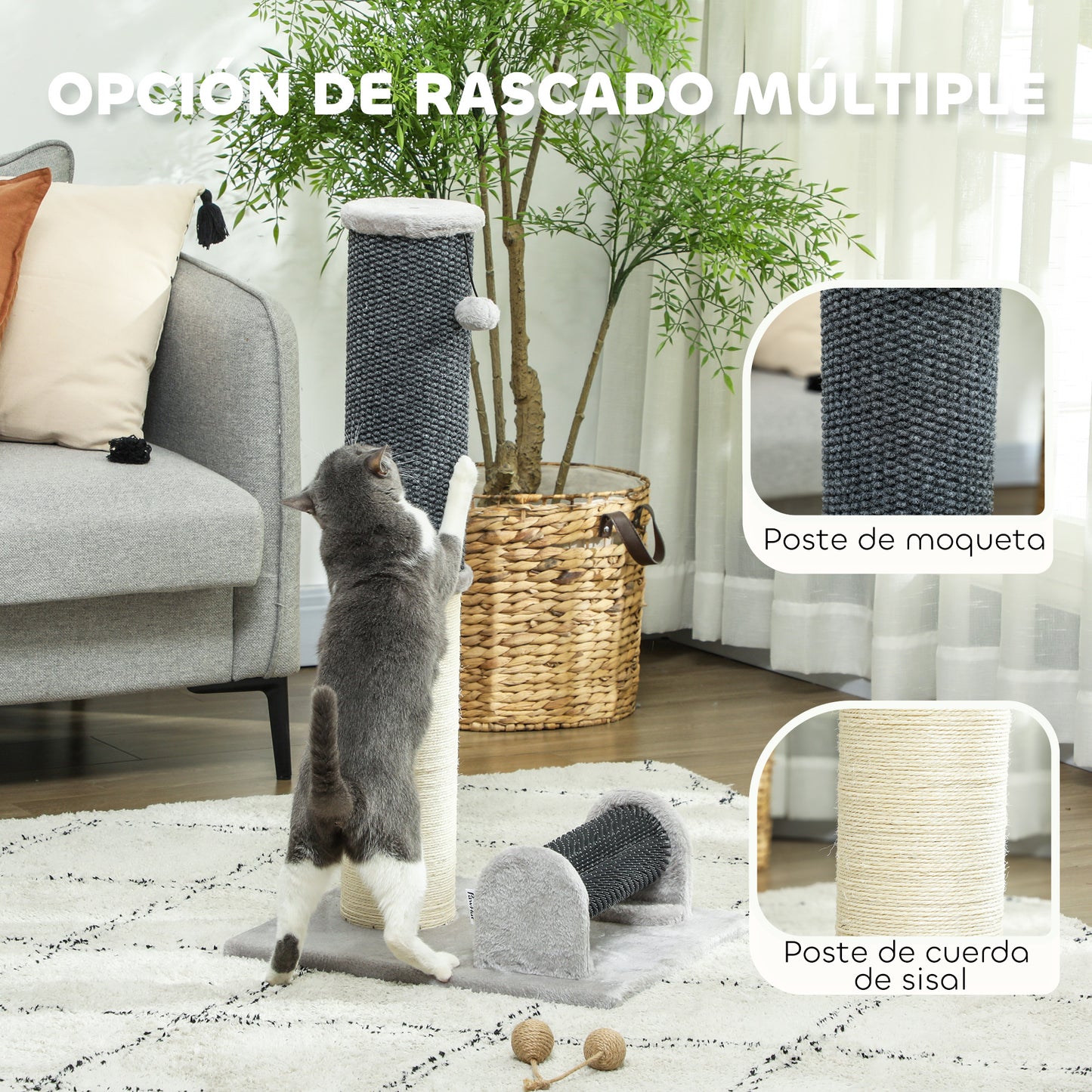 PawHut Poste Rascador para Gatos 85 cm Arañador para Gatos con Poste de Sisal Cepillo de Auto Acicalado y Bola de Juguete Gris y Crema