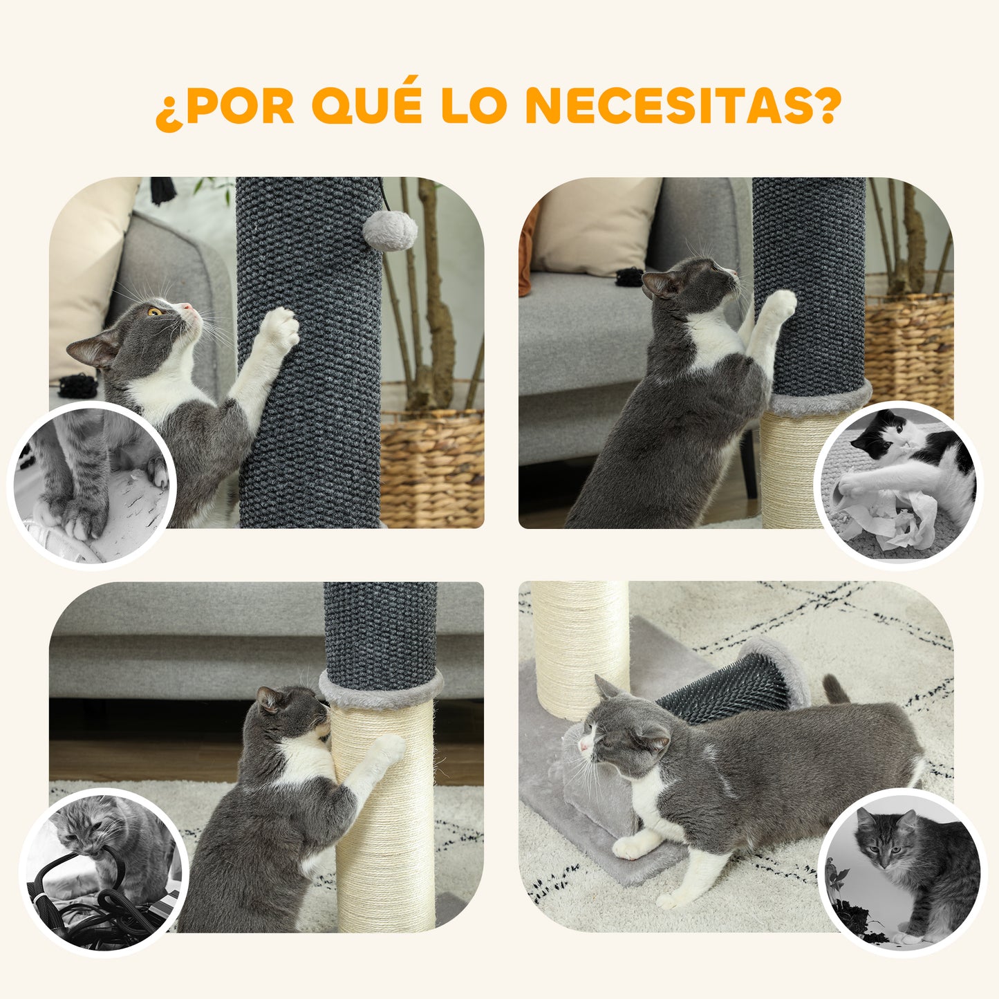 PawHut Poste Rascador para Gatos 85 cm Arañador para Gatos con Poste de Sisal Cepillo de Auto Acicalado y Bola de Juguete Gris y Crema