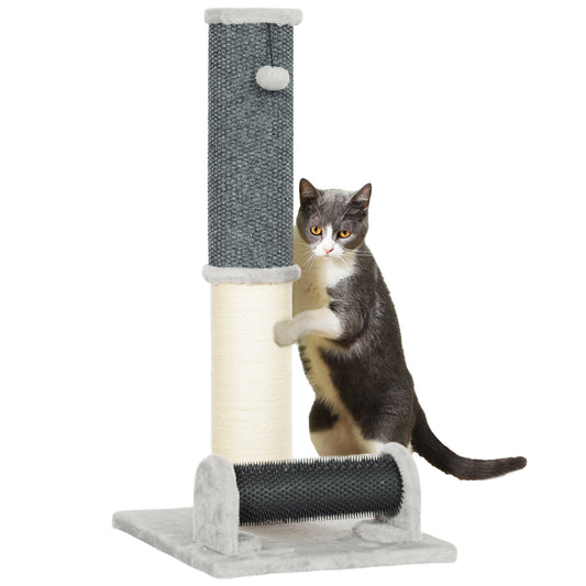 PawHut Poste Rascador para Gatos 85 cm Arañador para Gatos con Poste de Sisal Cepillo de Auto Acicalado y Bola de Juguete Gris y Crema