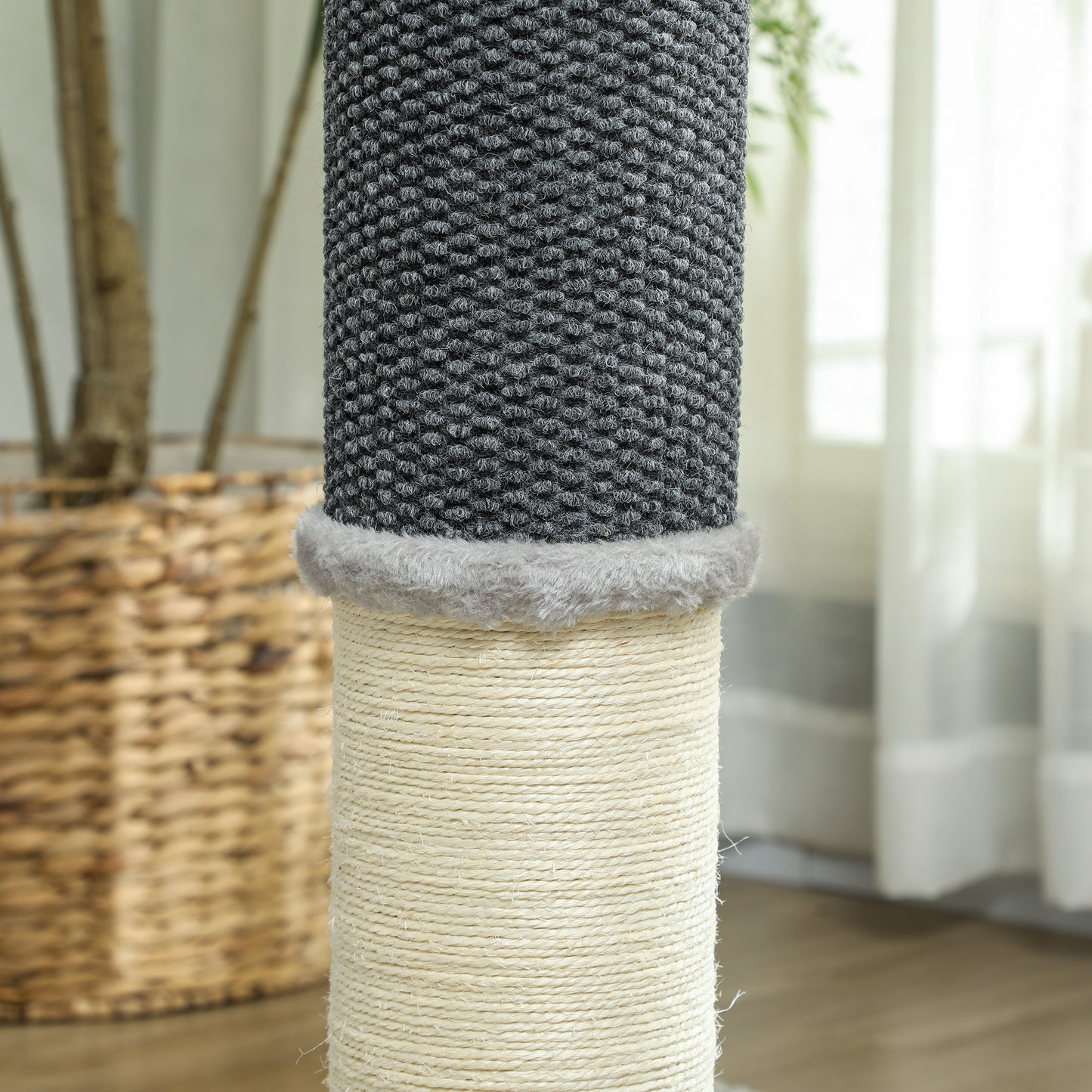 PawHut Poste Rascador para Gatos 85 cm Arañador para Gatos con Poste de Sisal Cepillo de Auto Acicalado y Bola de Juguete Gris y Crema