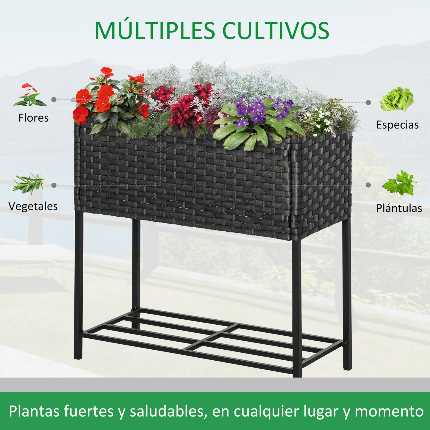 Outsunny Soporte para Jardinera Exterior para Huerto Urbano Mesa de Cultivo Jardinera Rectangular sin Fondo con Estante y Patas para Jardineras Macetas Tiestos 70x30x72 cm Gris y Negro