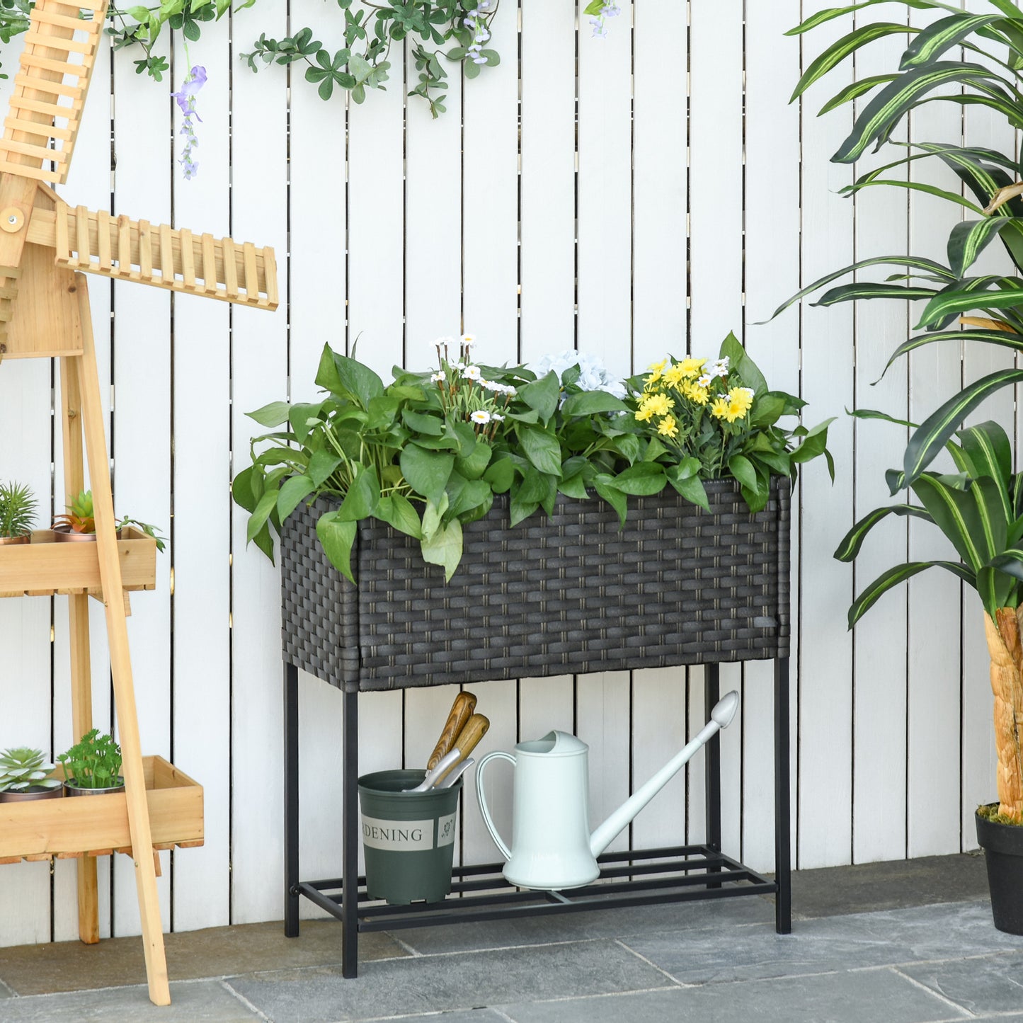 Outsunny Soporte para Jardinera Exterior para Huerto Urbano Mesa de Cultivo Jardinera Rectangular sin Fondo con Estante y Patas para Jardineras Macetas Tiestos 70x30x72 cm Gris y Negro