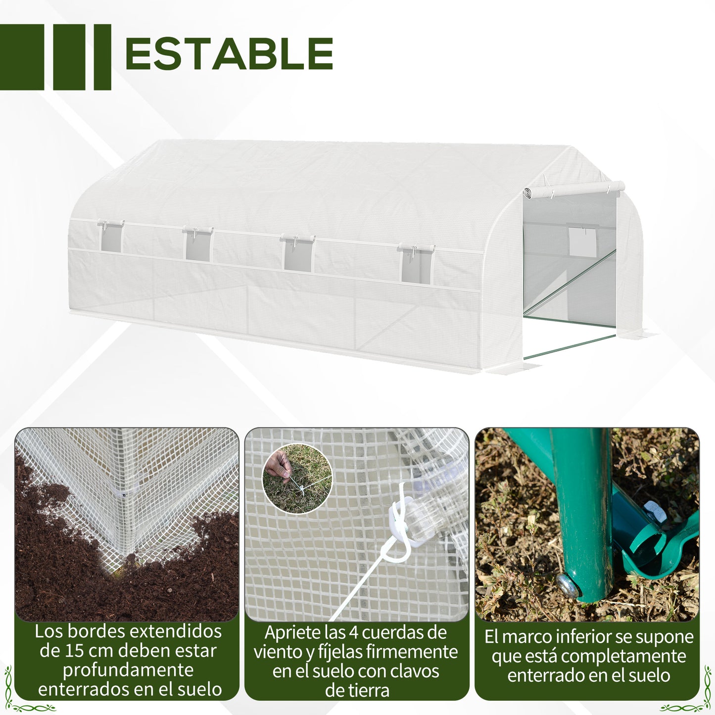 Outsunny Invernadero de Jardín 6x3x2 m Tipo Túnel para Cultivo Plantas Verduras con 8 Ventanas Transpirables y Puerta Enrollable con Cremallera Acero Blanco