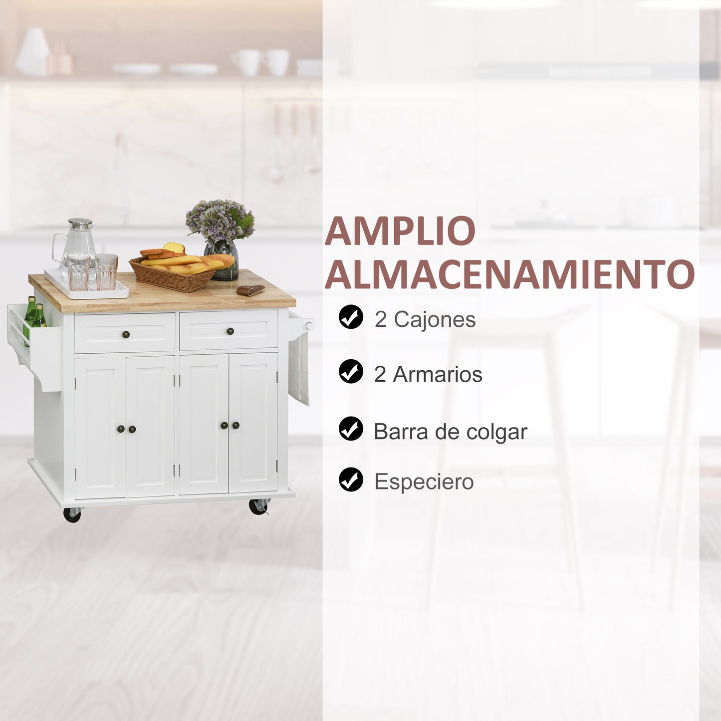 HOMCOM Isla de Cocina con Ruedas Carro de Cocina Mueble Auxiliar de Cocina con 2 Cajones 4 Puertas Especiero y Barra Lateral para Comedor 111x44,5x82,5 cm Blanco