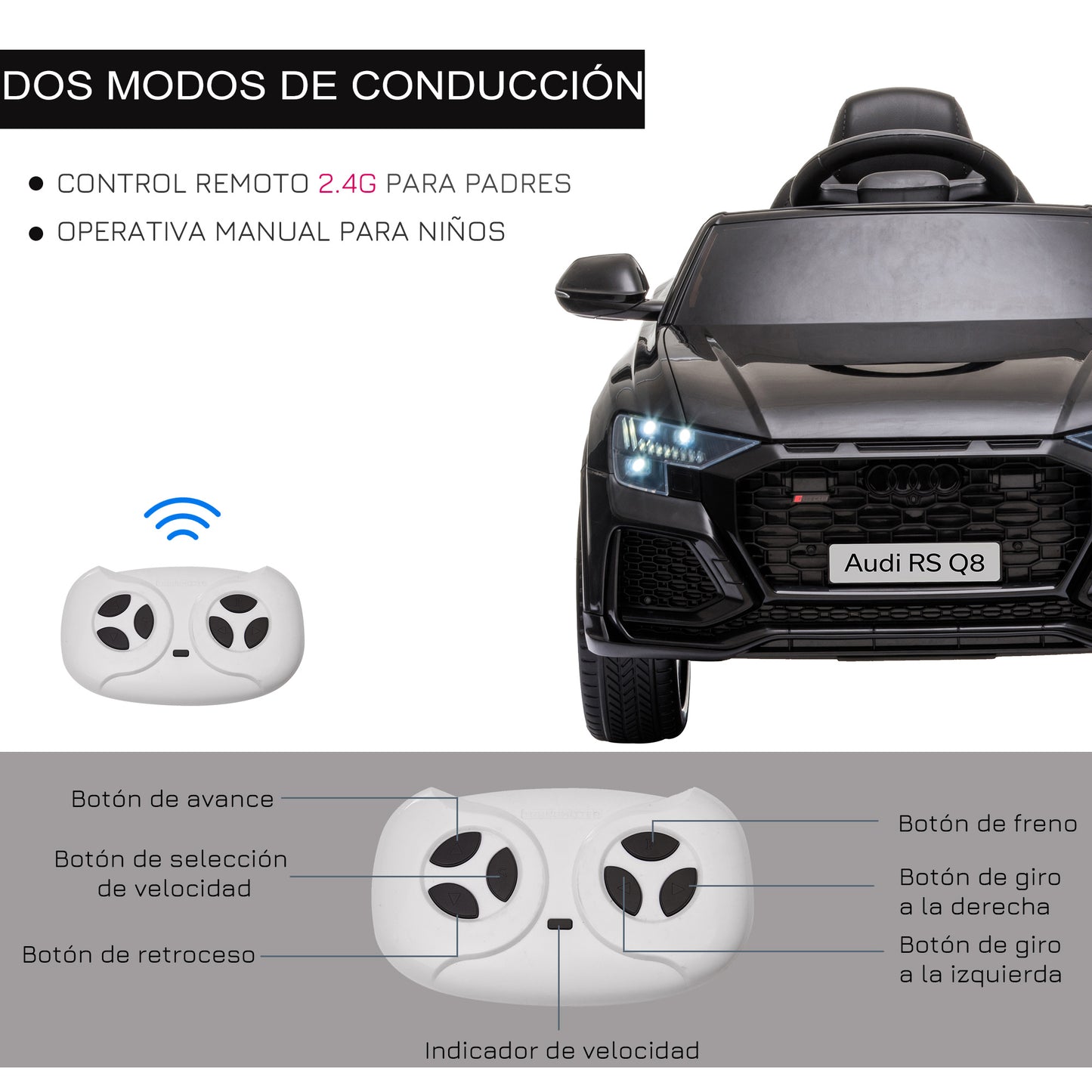 HOMCOM Coche Eléctrico Infantil +3 Años Licencia Audi RS Q8 con Batería 6V 2 Motores Mando a Distancia Música MP3 Bocina y Luces Velocidad Máx. 3km/h 101x62x51 cm Negro