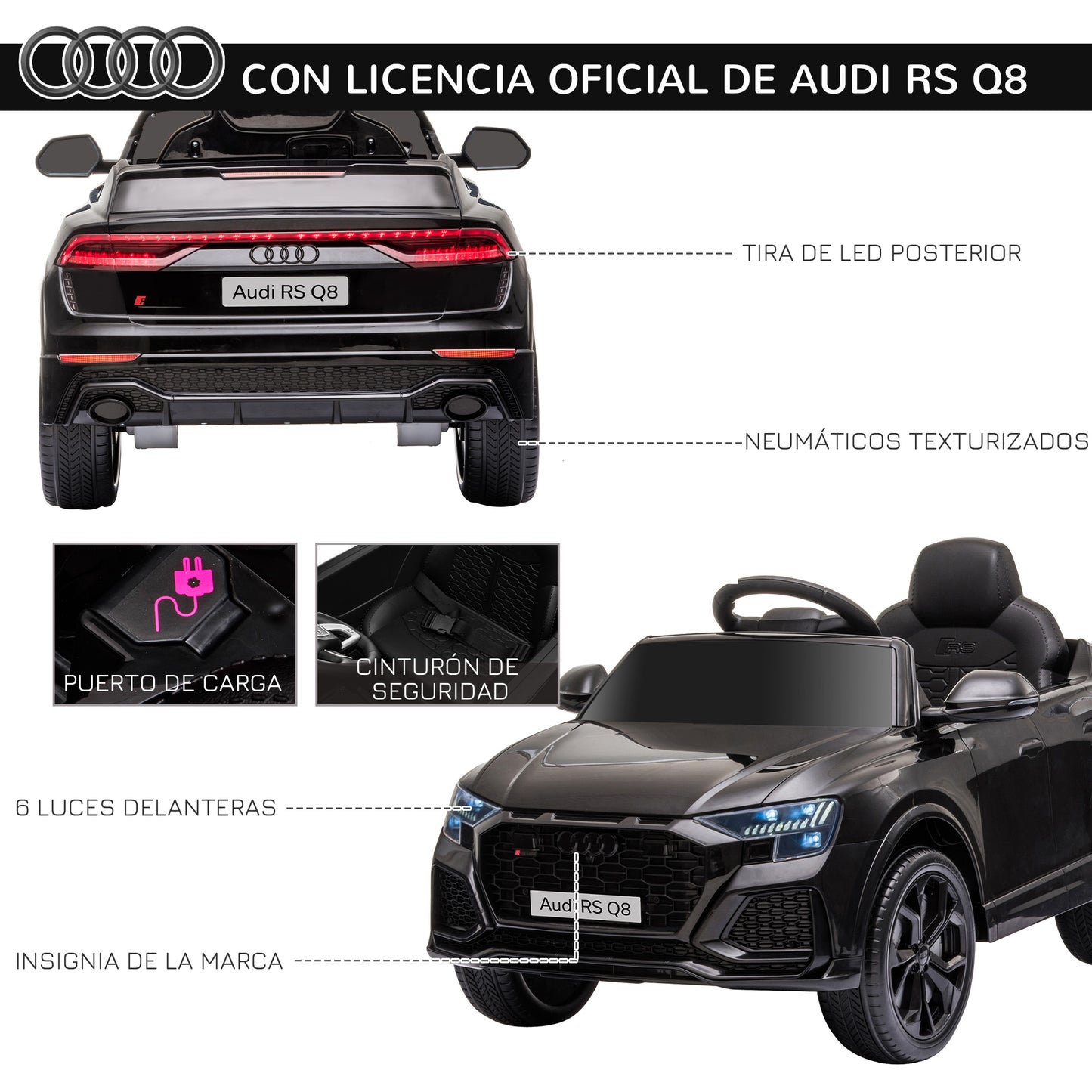 HOMCOM Coche Eléctrico Infantil +3 Años Licencia Audi RS Q8 con Batería 6V 2 Motores Mando a Distancia Música MP3 Bocina y Luces Velocidad Máx. 3km/h 101x62x51 cm Negro