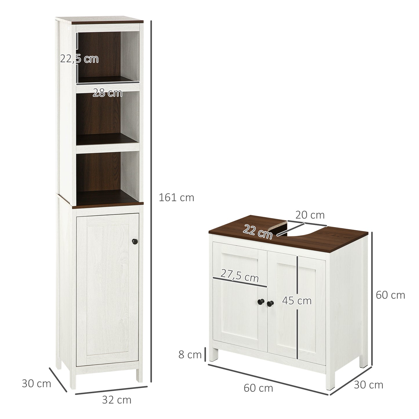 kleankin Conjunto de Baño Juego de Columna de Baño y Mueble para Debajo del Lavabo con Estante Ajustable Estilo Moderno 32x30x161 cm 60x30x60 cm Blanco