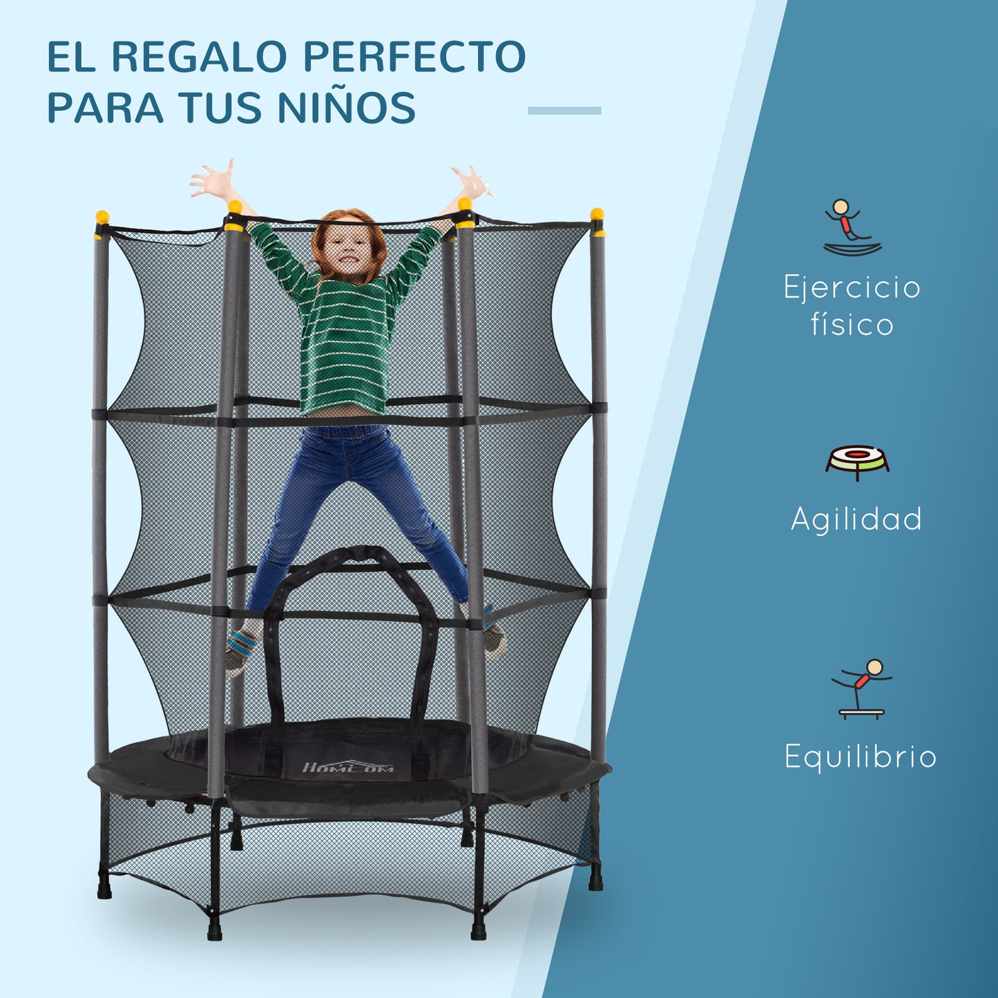 HOMCOM Cama Elástica Infantil Ø140x190 cm Trampolín para Niños de +3 Años con Red de Seguridad y Marco de Acero para Interior y Exterior Negro