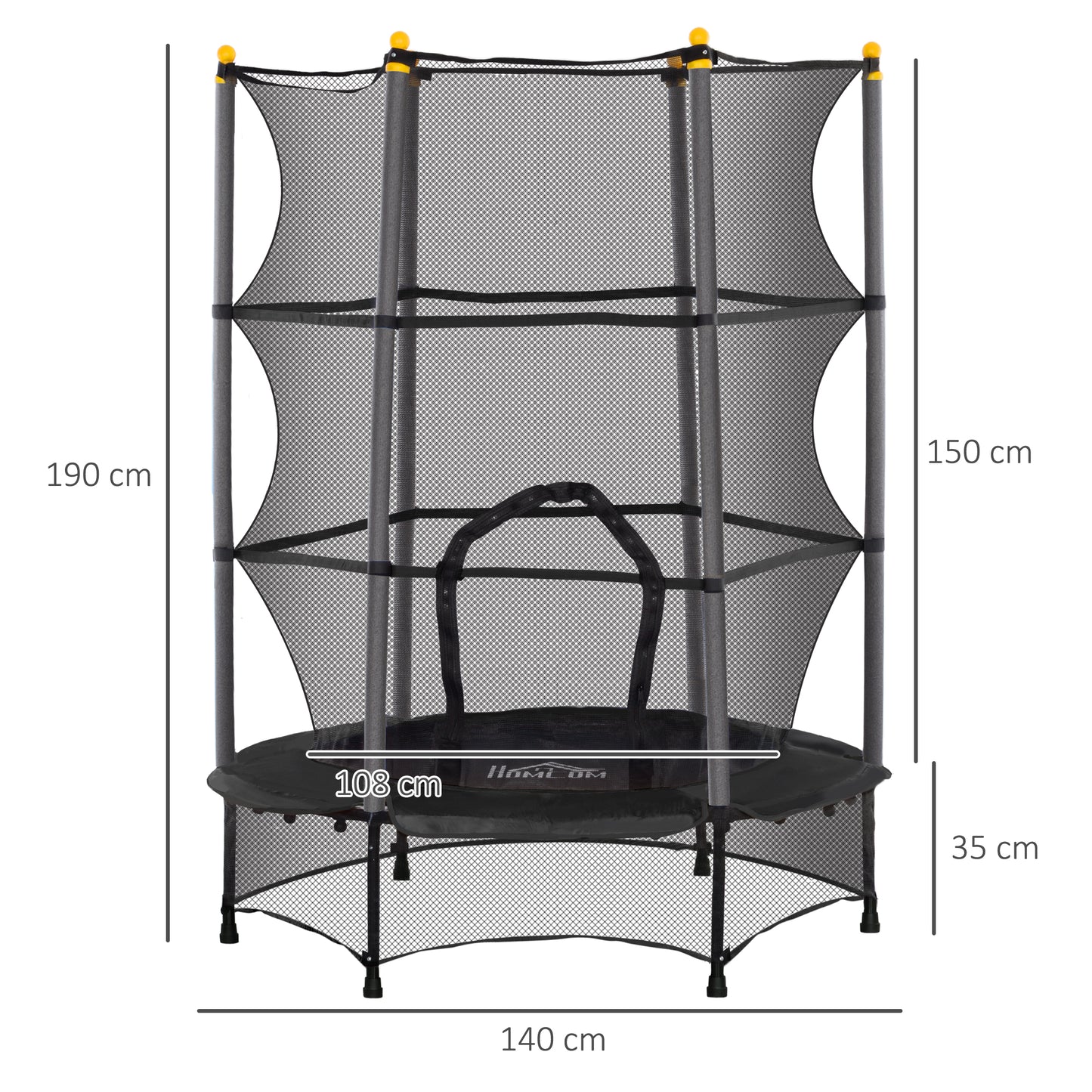 HOMCOM Cama Elástica Infantil Ø140x190 cm Trampolín para Niños de +3 Años con Red de Seguridad y Marco de Acero para Interior y Exterior Negro