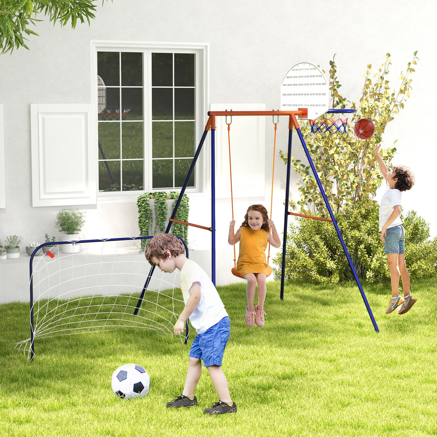 Outsunny Columpio Infantil 3 en 1 Columpio para Niños de 3-8 Años con Canasta y Portería de Fútbol Desmontable Marco de Acero Carga 45 kg para Exterior Multicolor