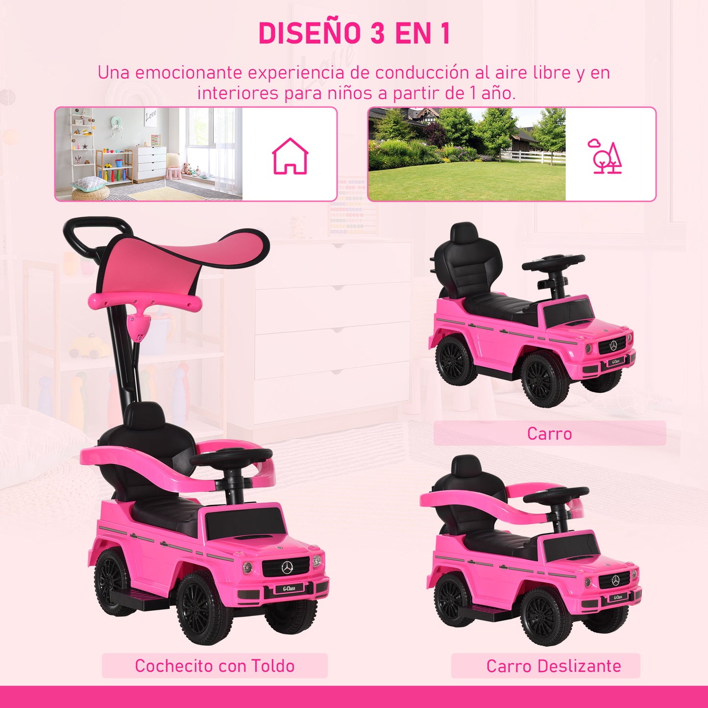 HOMCOM Correpasillos para Niños con Licencia Mercedes G350 Coche Correpasillos para Niños de 1-3 Años con Bocina Capota Extraíble y Barandilla Carga 25 kg 85,5x40,5x95 cm Rosa