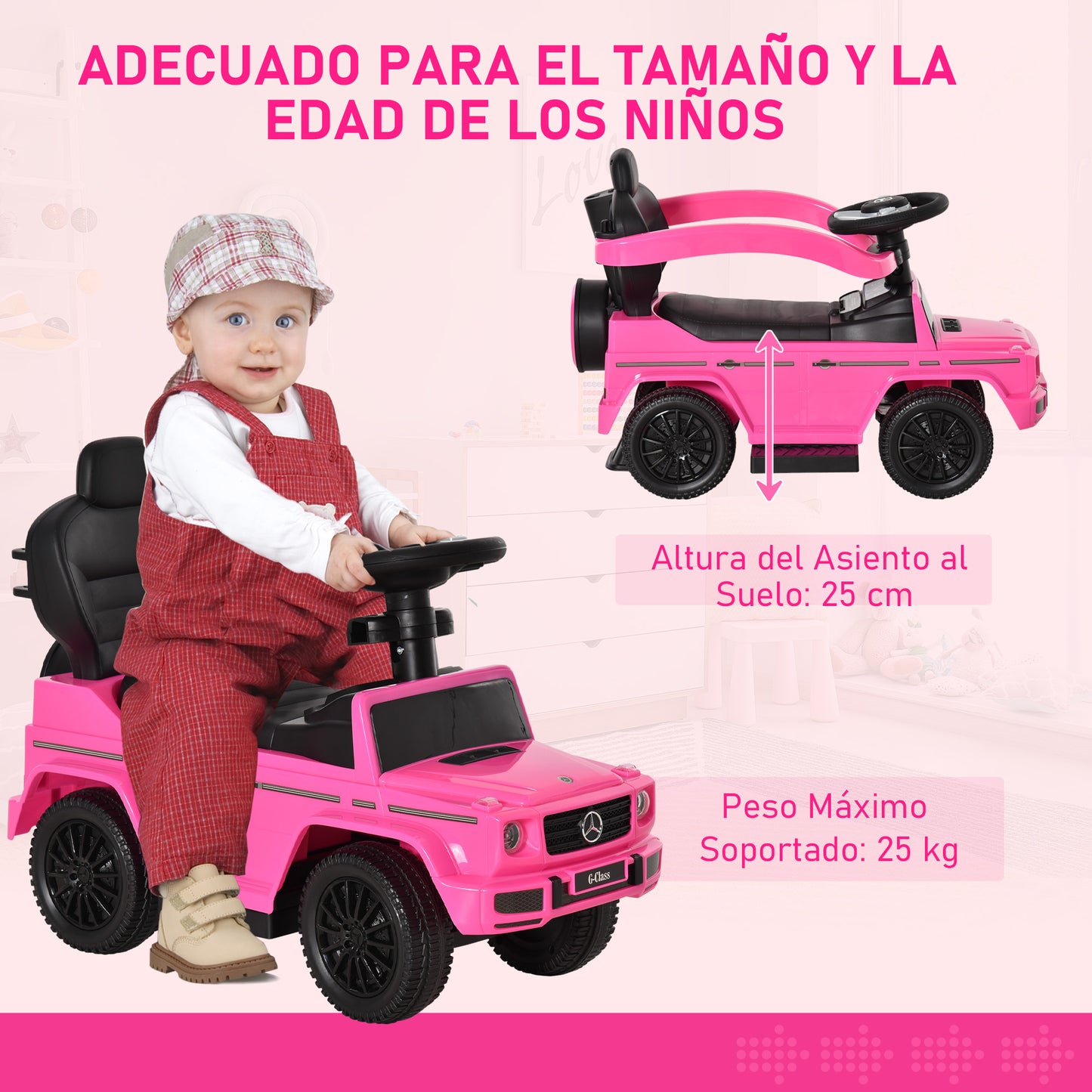 HOMCOM Correpasillos para Niños con Licencia Mercedes G350 Coche Correpasillos para Niños de 1-3 Años con Bocina Capota Extraíble y Barandilla Carga 25 kg 85,5x40,5x95 cm Rosa