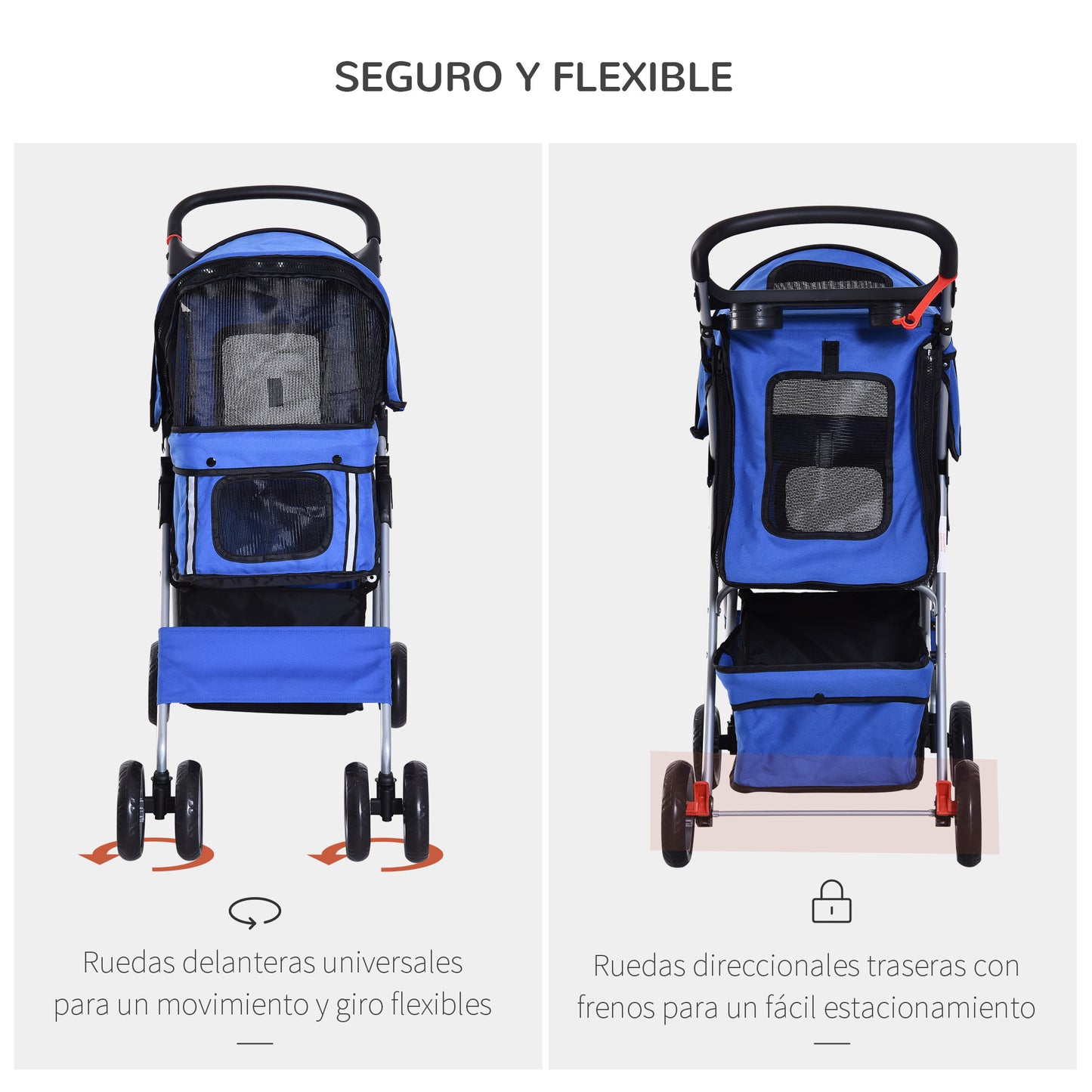 PawHut Carrito para Perros Plegable Cochecito para Mascotas Carrito para Perros Pequeños con Toldo Ajustable Cesta de Almacenaje Ventanas de Malla Portavasos y 2 Ruedas 75x45x97 cm Azul