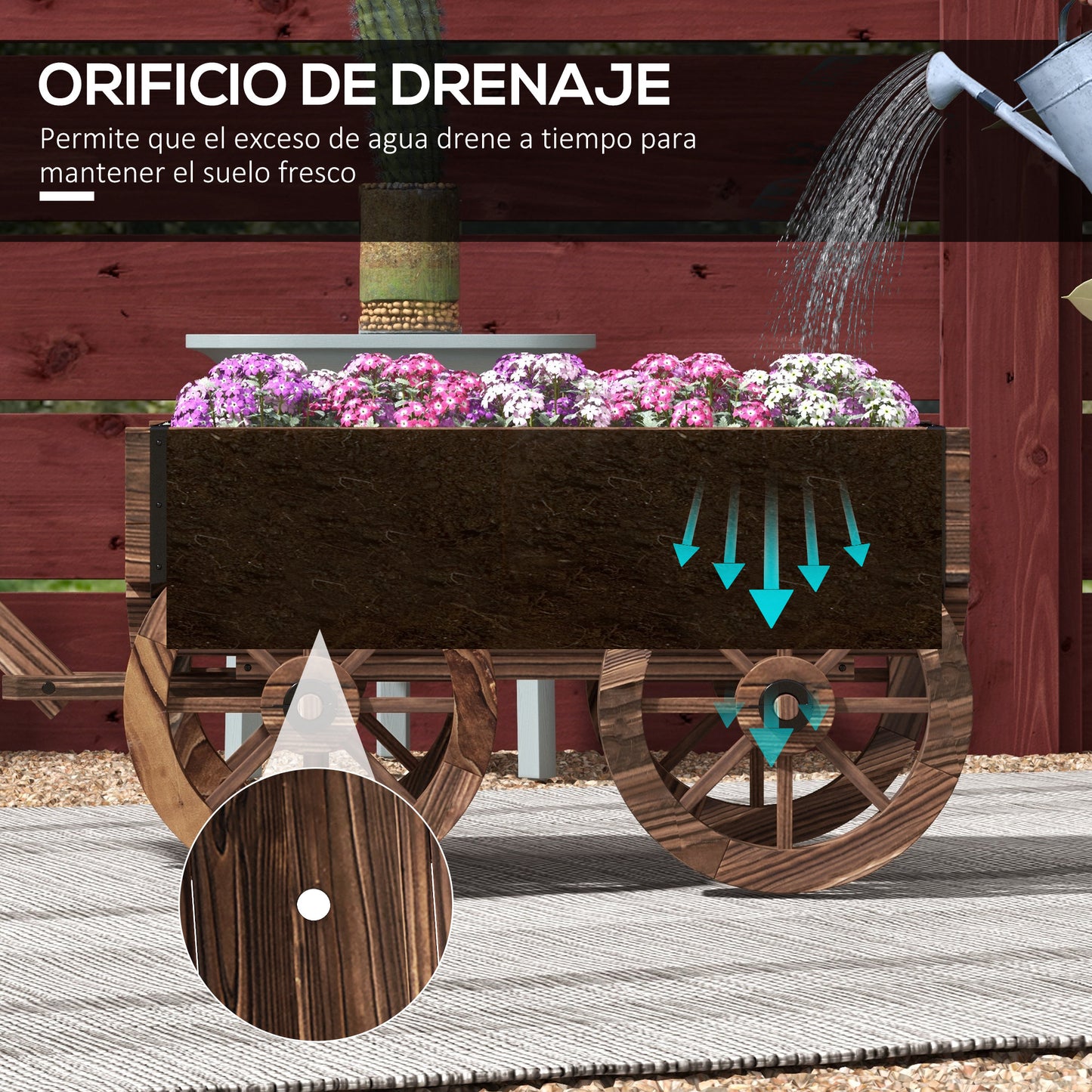 Outsunny Jardinera de Madera Macetero Exterior en Forma de Carrito con 4 Ruedas y Mango para Balcón Jardín Patio 120x41x54 cm Carbonizado