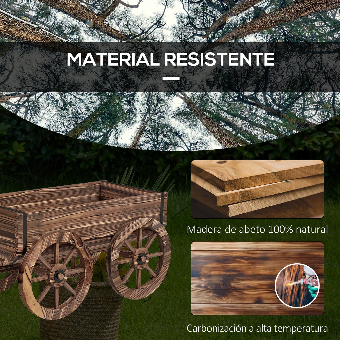 Outsunny Jardinera de Madera Macetero Exterior en Forma de Carrito con 4 Ruedas y Mango para Balcón Jardín Patio 120x41x54 cm Carbonizado