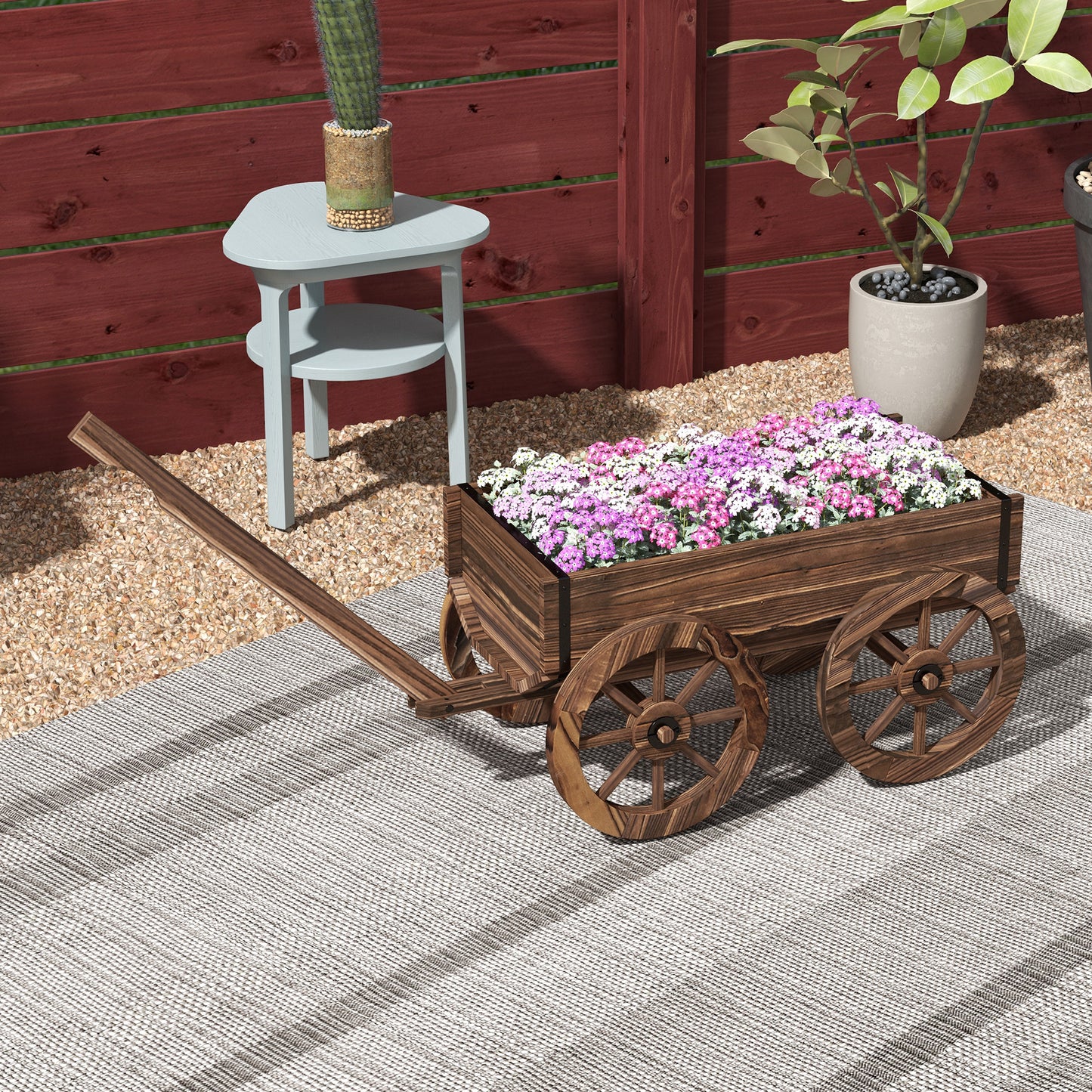 Outsunny Jardinera de Madera Macetero Exterior en Forma de Carrito con 4 Ruedas y Mango para Balcón Jardín Patio 120x41x54 cm Carbonizado