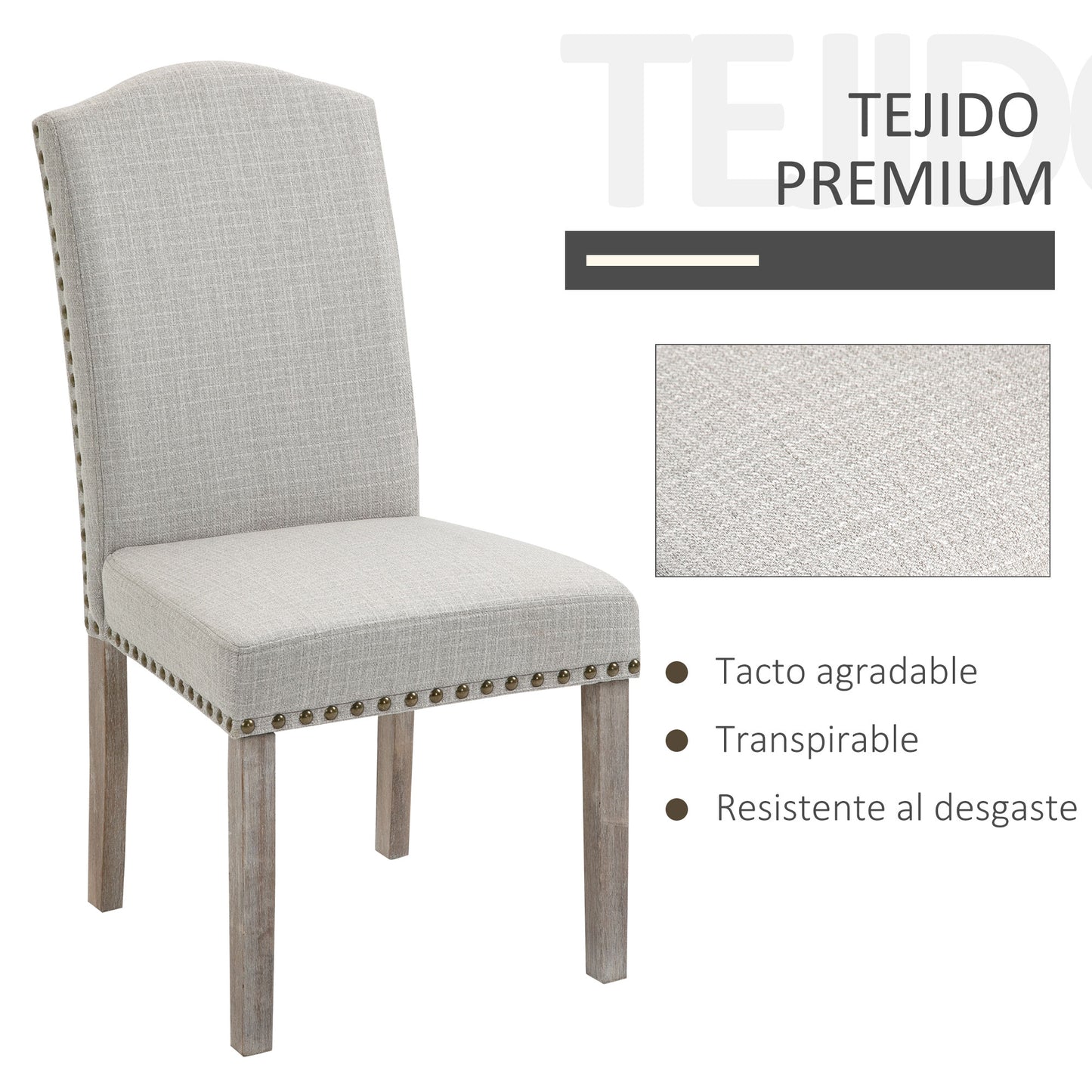 HOMCOM Juego de 2 Sillas de Comedor Cocina con Respaldo Alto de Remaches y Patas de Madera Almohadillas Ajustables 51x64x99,5 cm Gris