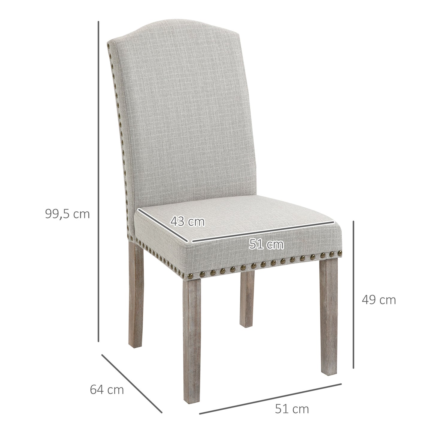 HOMCOM Juego de 2 Sillas de Comedor Cocina con Respaldo Alto de Remaches y Patas de Madera Almohadillas Ajustables 51x64x99,5 cm Gris