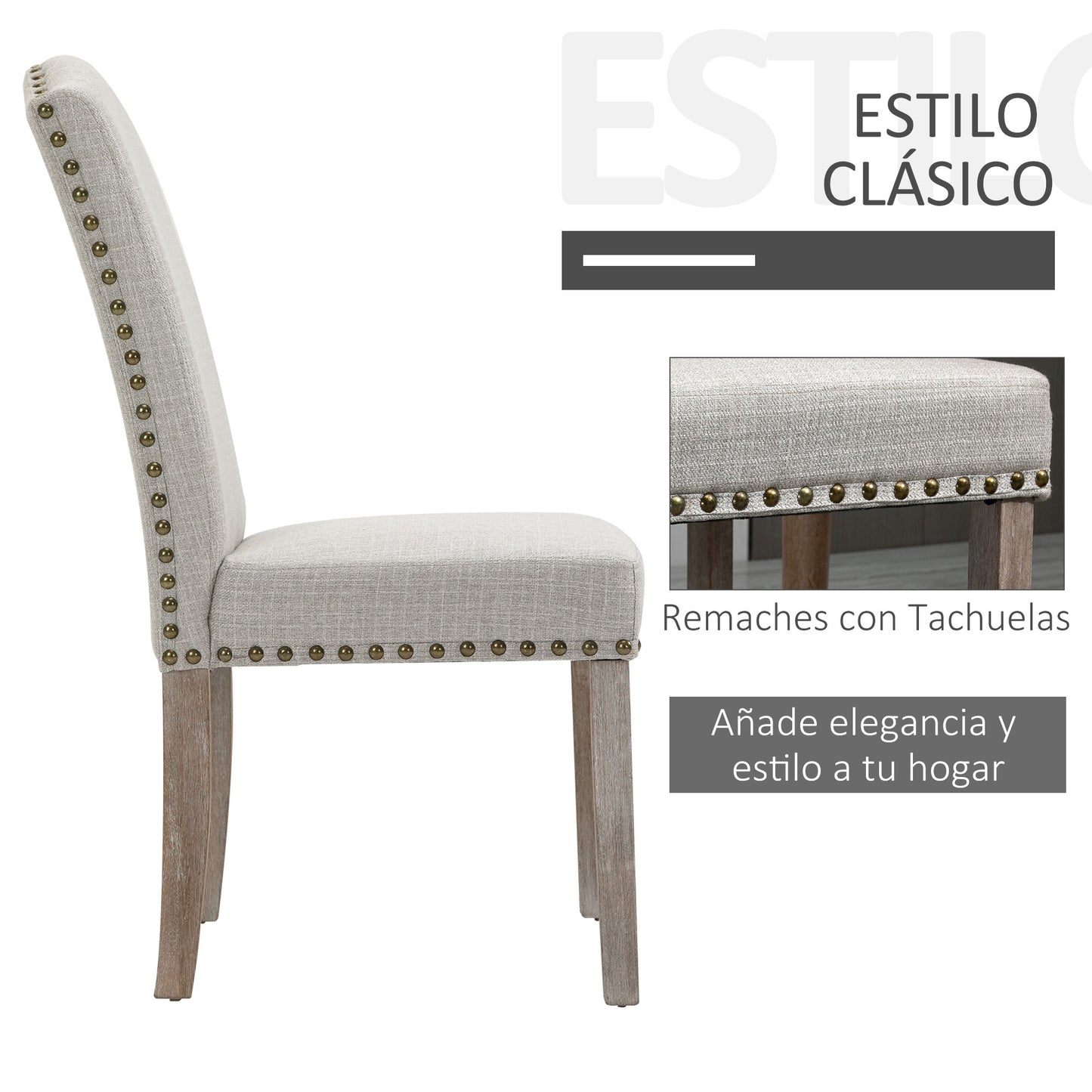 HOMCOM Juego de 2 Sillas de Comedor Cocina con Respaldo Alto de Remaches y Patas de Madera Almohadillas Ajustables 51x64x99,5 cm Gris