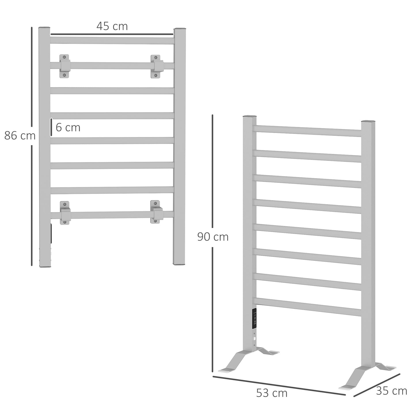 HOMCOM Toallero Eléctrico de Pared o Suelo 150 W Radiador Toallero Eléctrico de Aleación de Aluminio con Función de Temporizador y 8 Barras para Baño 53x35x90 cm Plata