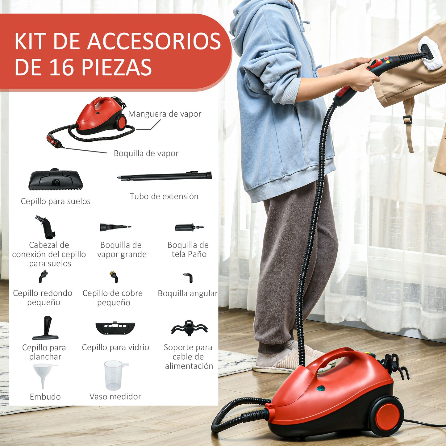 HOMCOM Limpiador a Vapor Portátil Deposito 2 L Vaporeta Multiusos Autonomía con Accesorios para Tapicería Sofá Baño Coche 40x24x27,2 cm Rojo